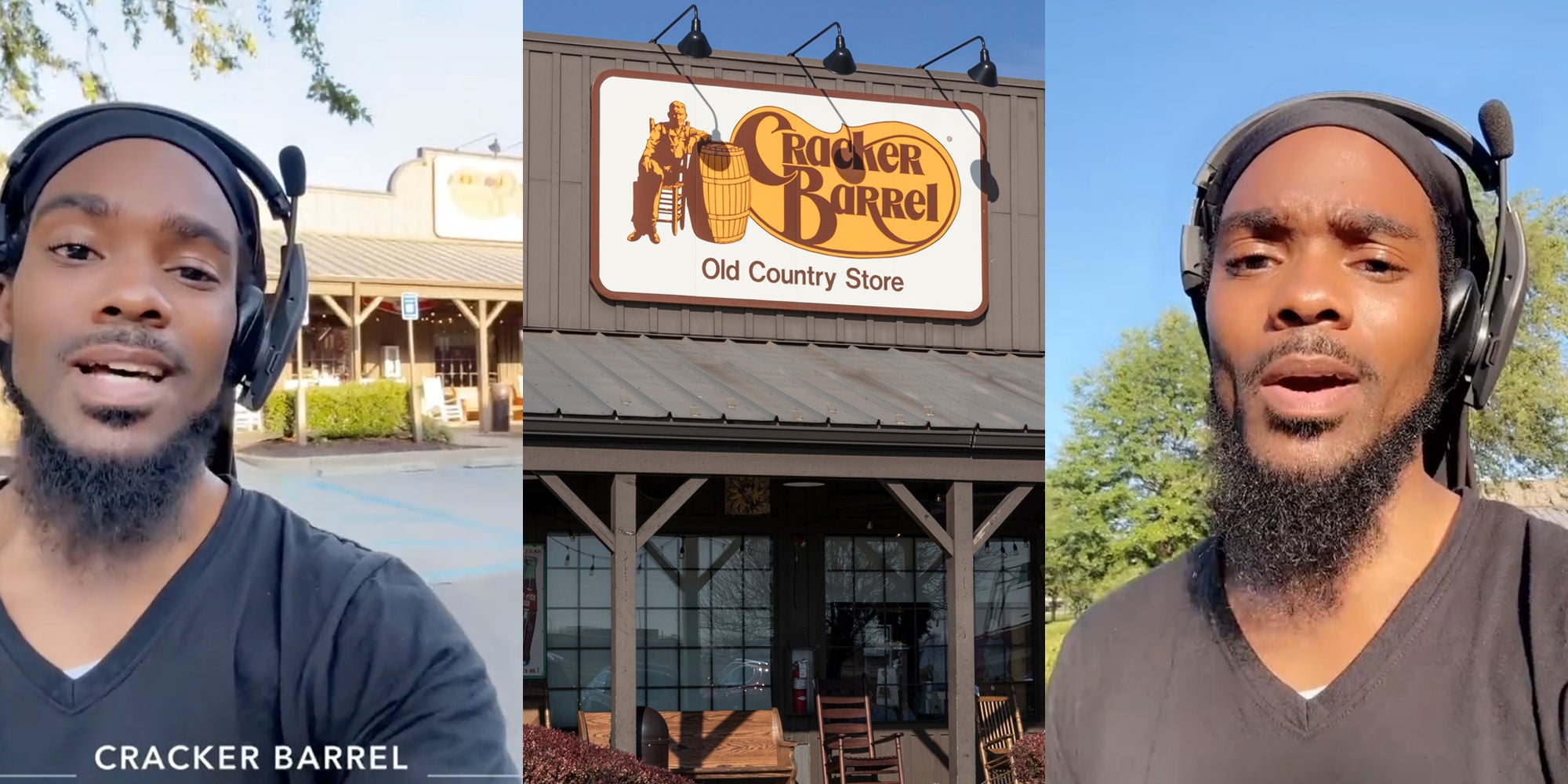 Cracker Barrel customer speaking outside with Cracker Barrel caption on bottom (l) Cracker Barrel building with sign (c) Cracker Barrel customer speaking outside (r)
