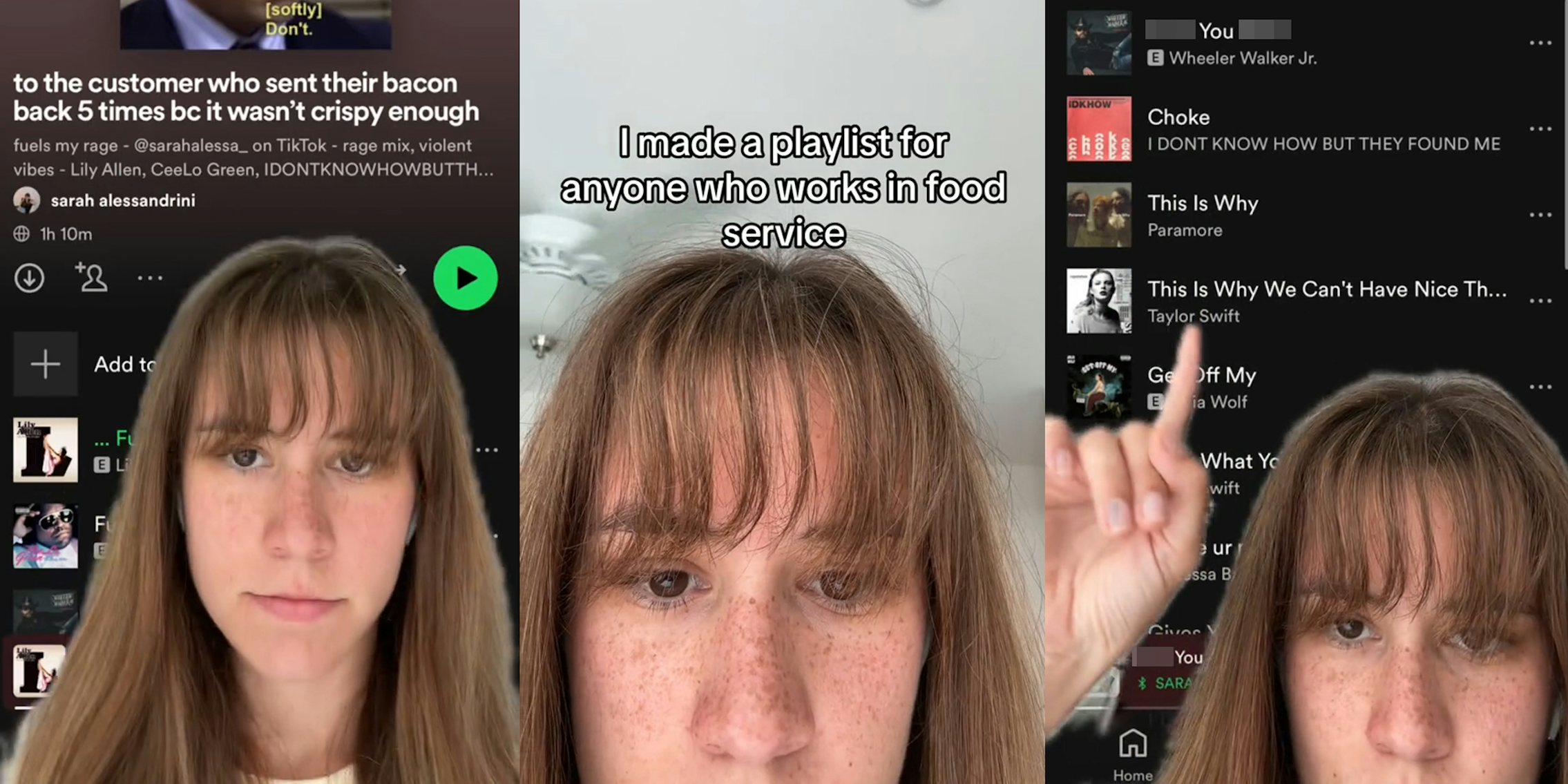 server greenscreen TikTok over Spotify playlist (l) server with caption 'I made a playlist for anyone who works in food service' (c) server greenscreen TikTok over Spotify playlist (r)