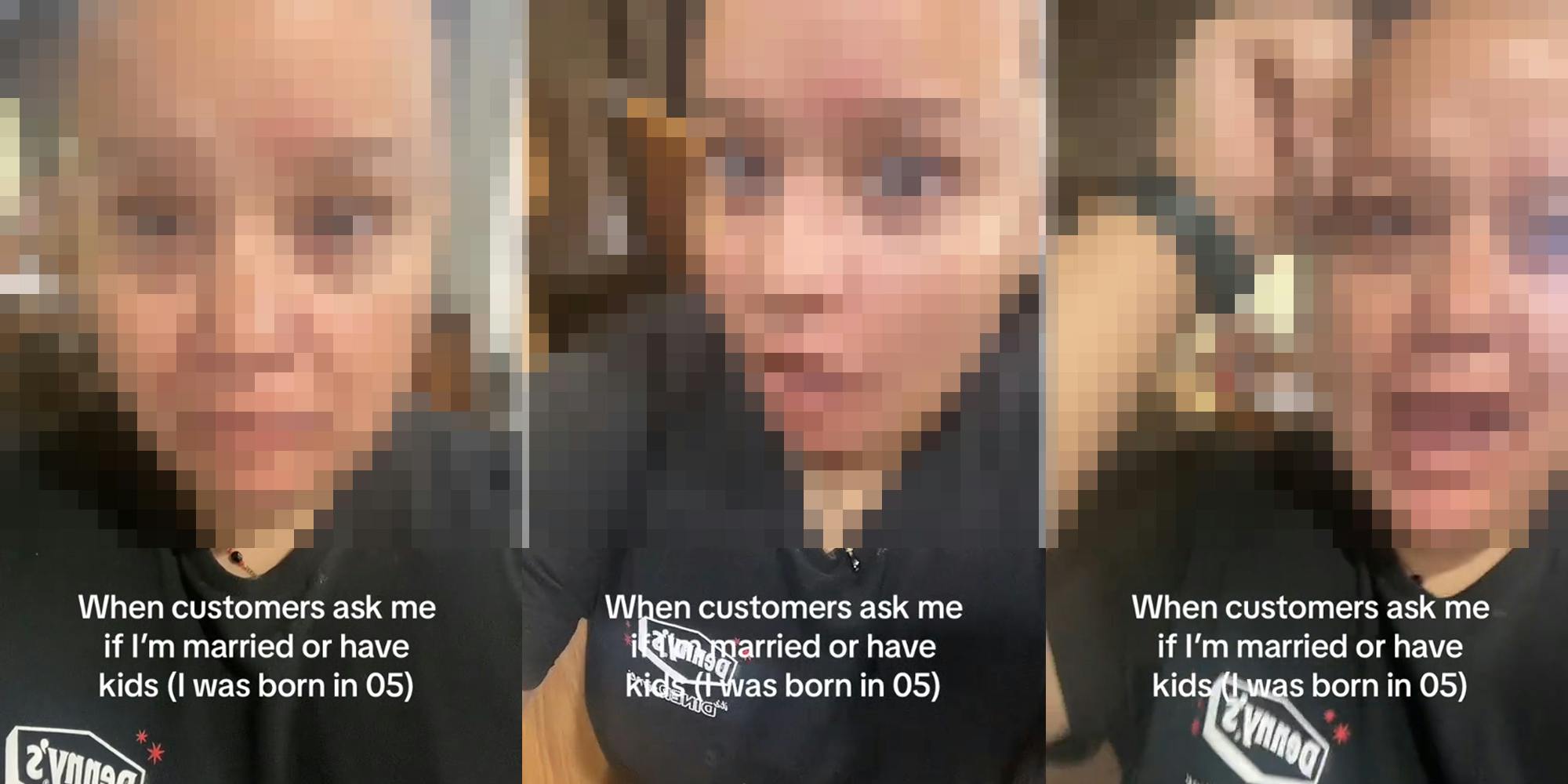 server blurred with caption "When customers ask me if I'm married or have kids (I was born in 05)" (l) server blurred with caption "When customers ask me if I'm married or have kids (I was born in 05)" (c) server blurred with caption "When customers ask me if I'm married or have kids (I was born in 05)" (r)