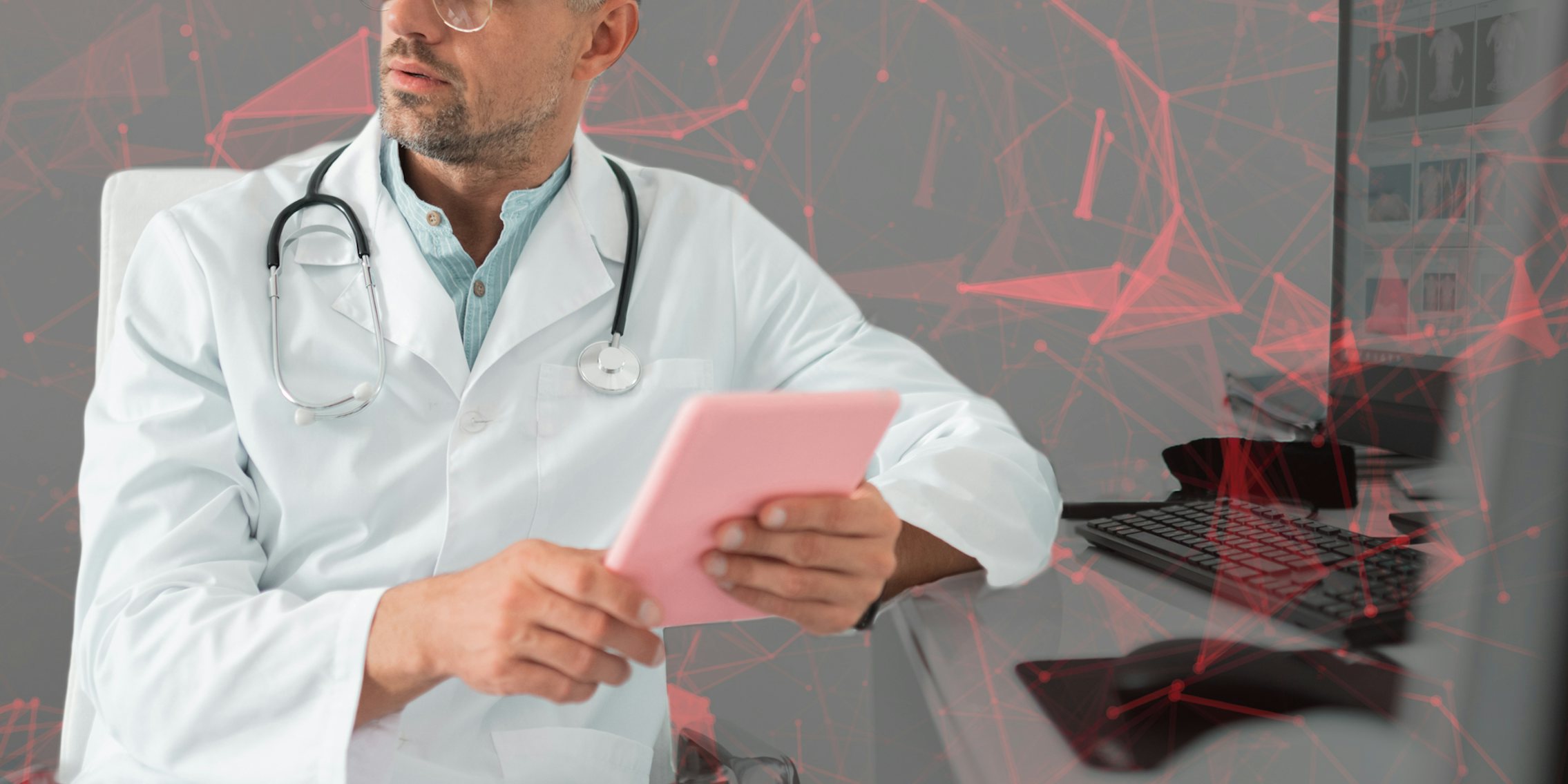 plastic surgeon at desk with red data leak overlay