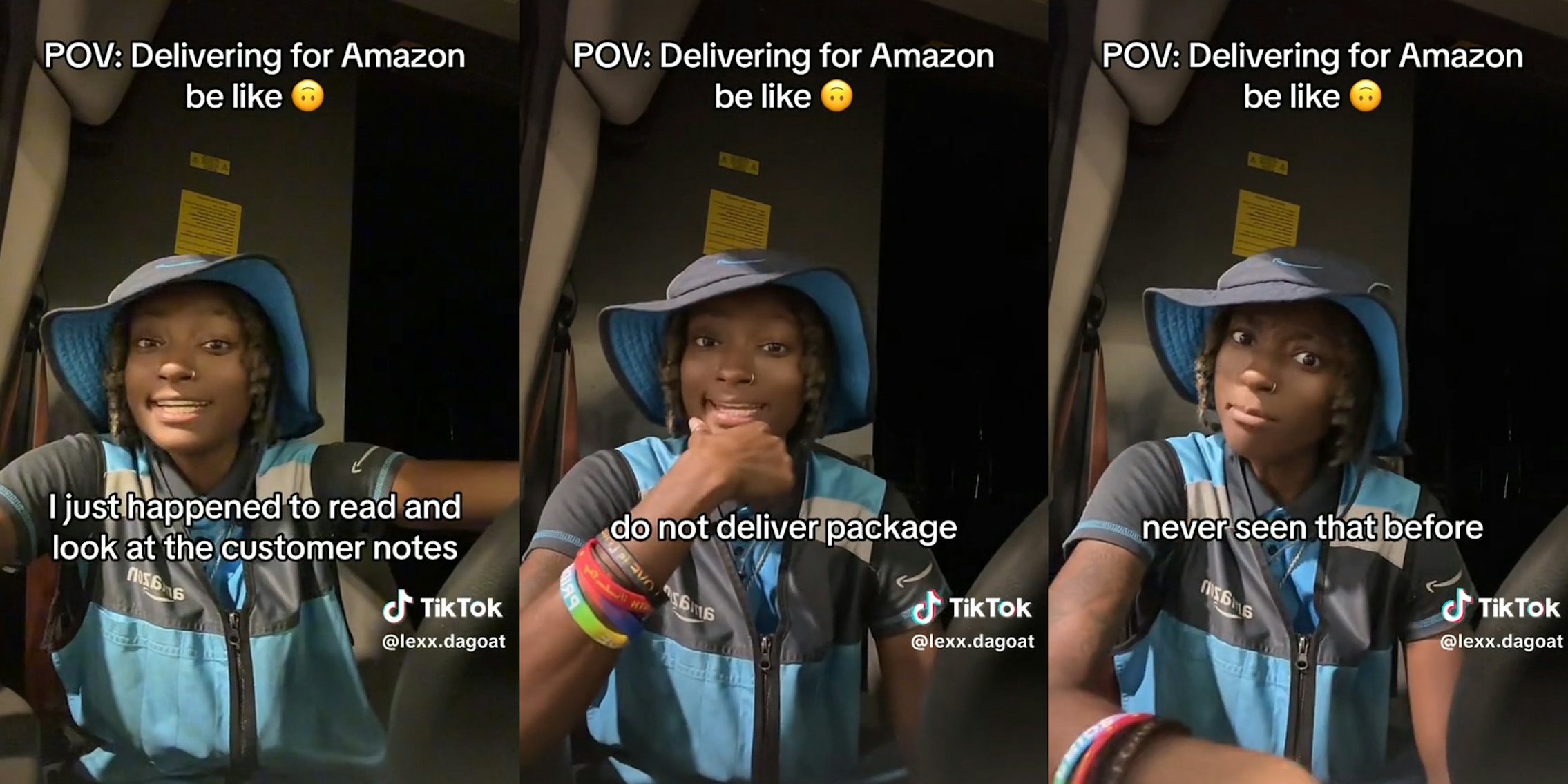 amazon driver with caption 'POV: Delivering for Amazon be like' 'I just happened to read and look at the customer notes - do not deliver package - never seen that before'