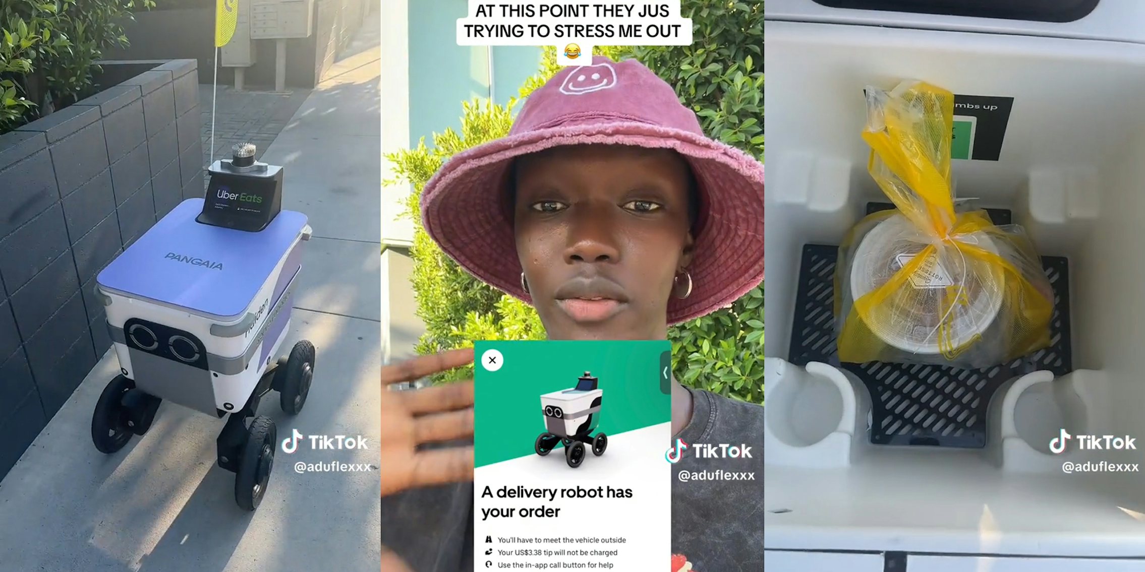 woman meeting delivery robot for uber eats