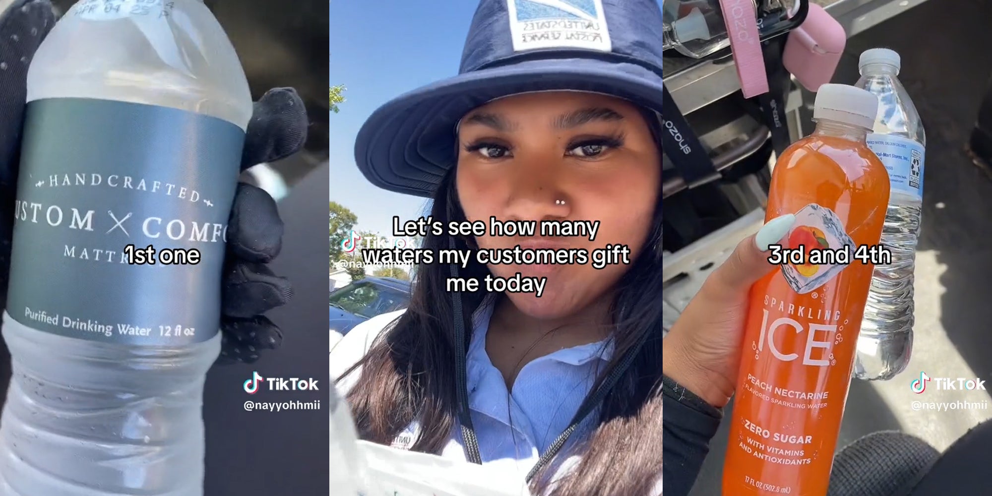 water bottle (l) young USPS worker with caption "Let's see how many waters my customers gift me today" (c) water bottles (r)