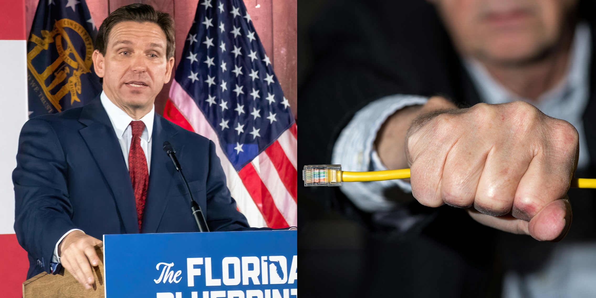 Ron DeSantis speaking in front of American flag (l) man holding Ethernet cable Net Neutrality concept (r)