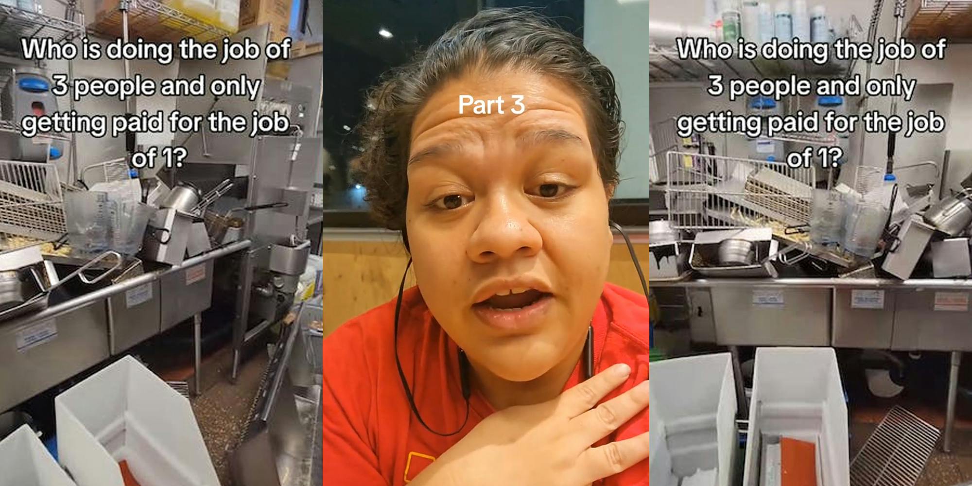 kitchen full of dirty dishes with caption "Who is doing the job of 3 people and only getting paid for the job of 1?" (l) worker speaking with caption "Part 3" (c) kitchen full of dirty dishes with caption "Who is doing the job of 3 people and only getting paid for the job of 1?" (r)