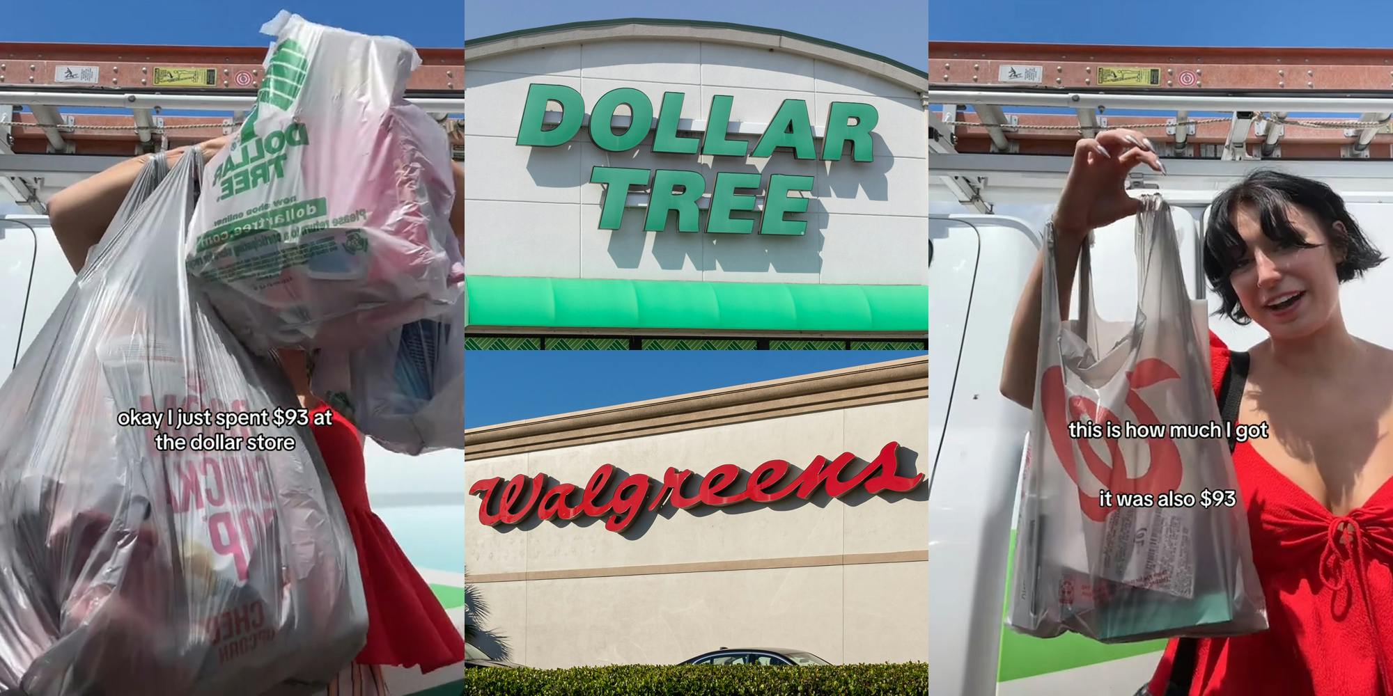 shopper with Dollar Tree bags with caption "Okay I just spent $93 at the dollar store" (l) Dollar Tre sign above Walgreens sign (c) shopper with Walgreens bag with caption "this is how much I got it was also $93" (r)
