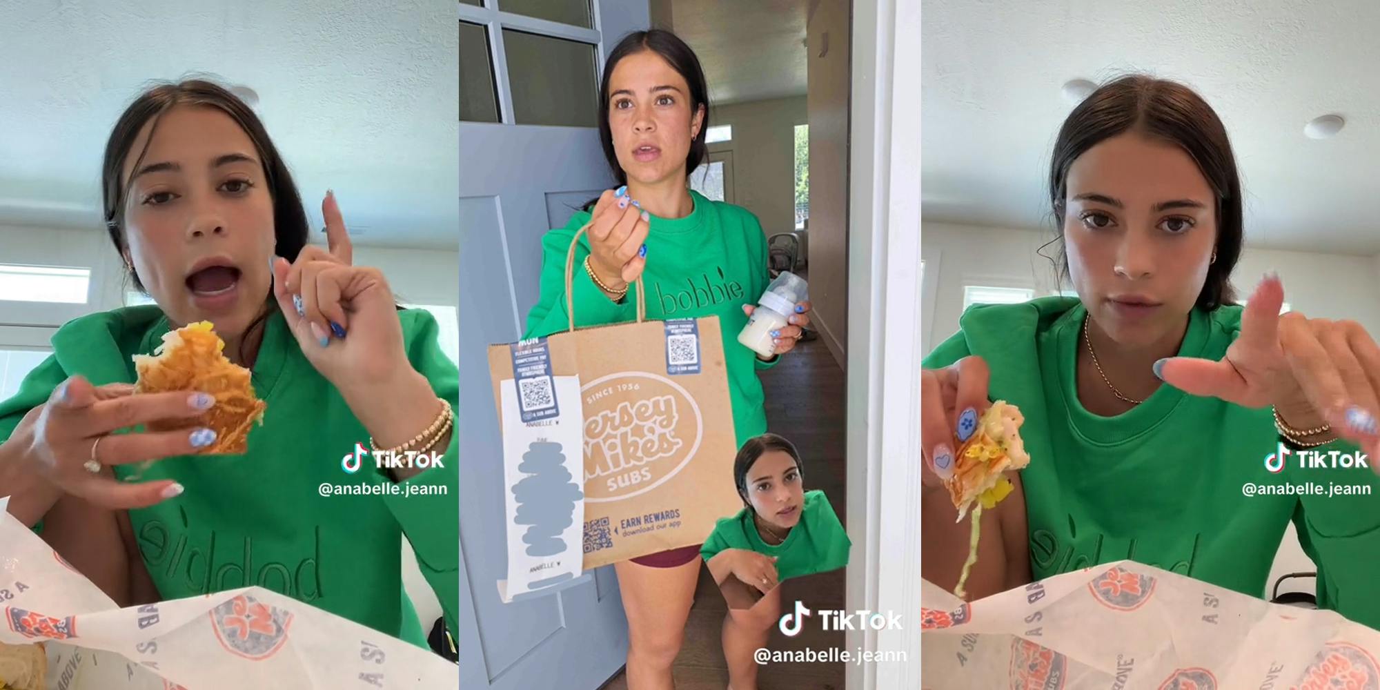 young woman eating food (l&r) young woman receiving Jersey Mike's order at door (c)