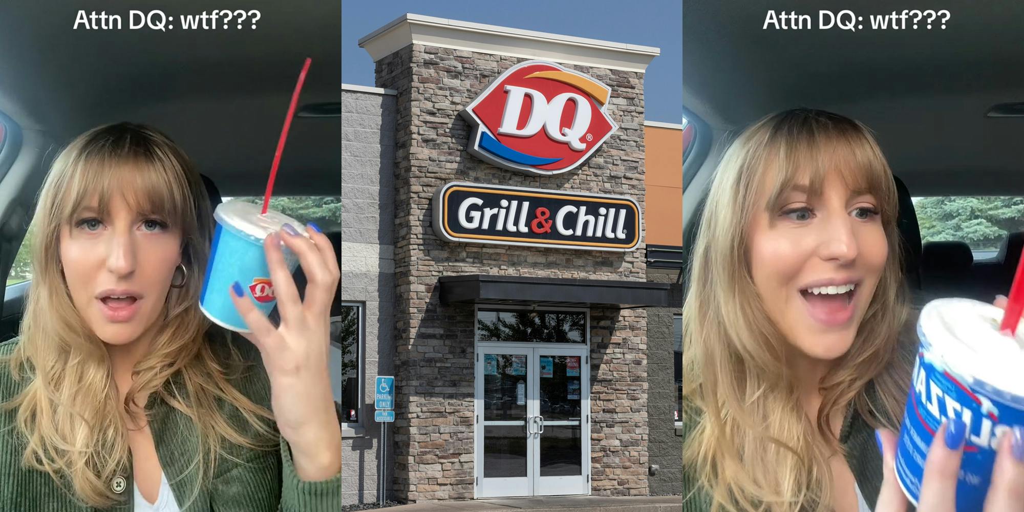 DQ customer speaking in car holding small Blizzard with caption "Attn DQ: wtf???" (l) Dairy Queen building with sign (c) DQ customer speaking in car holding small Blizzard with caption "Attn DQ: wtf???" (r)