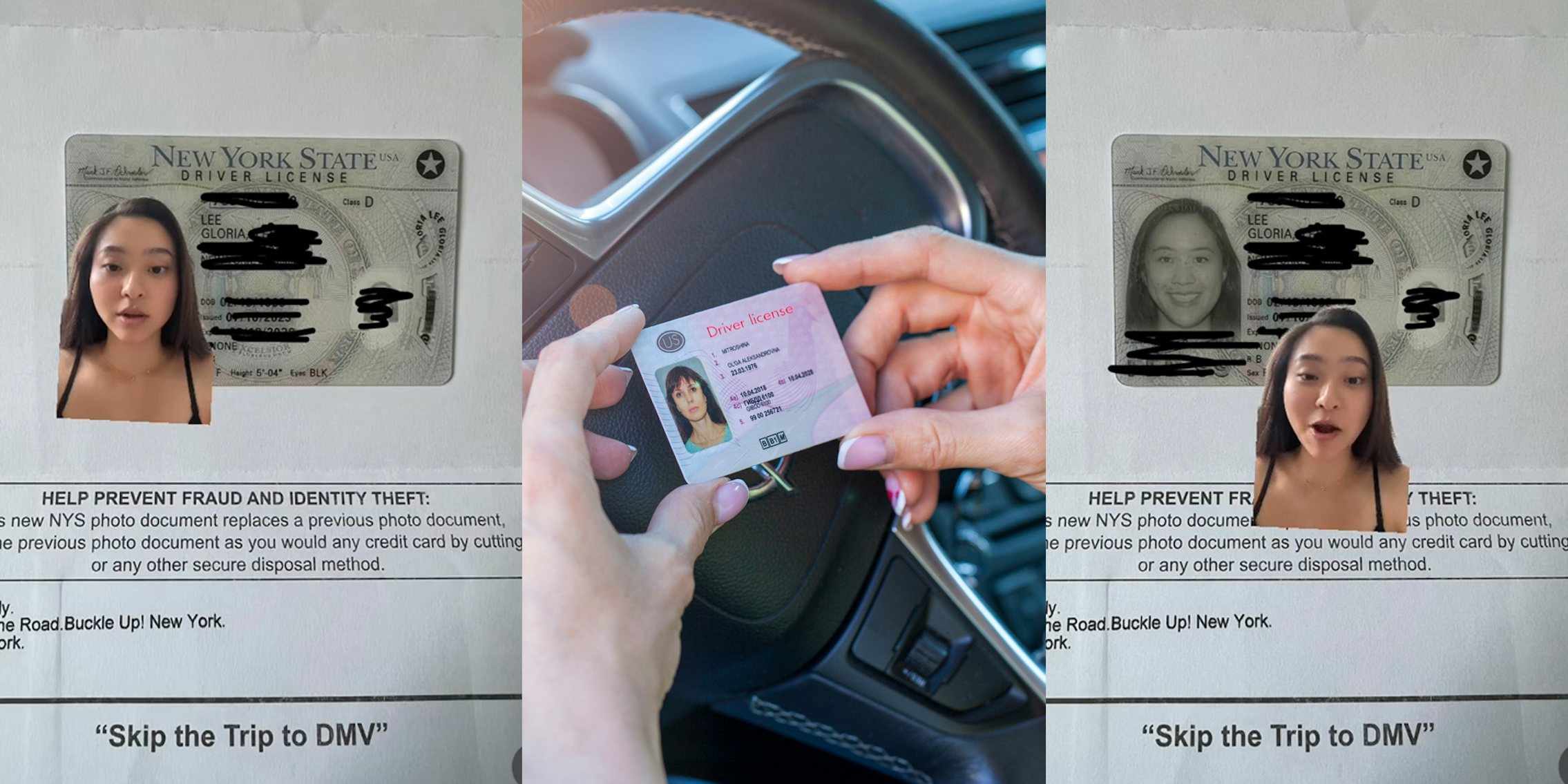 woman greenscreen TikTok over drivers license (l) woman holding drivers license over steering wheel (c) woman greenscreen TikTok over drivers license (r)