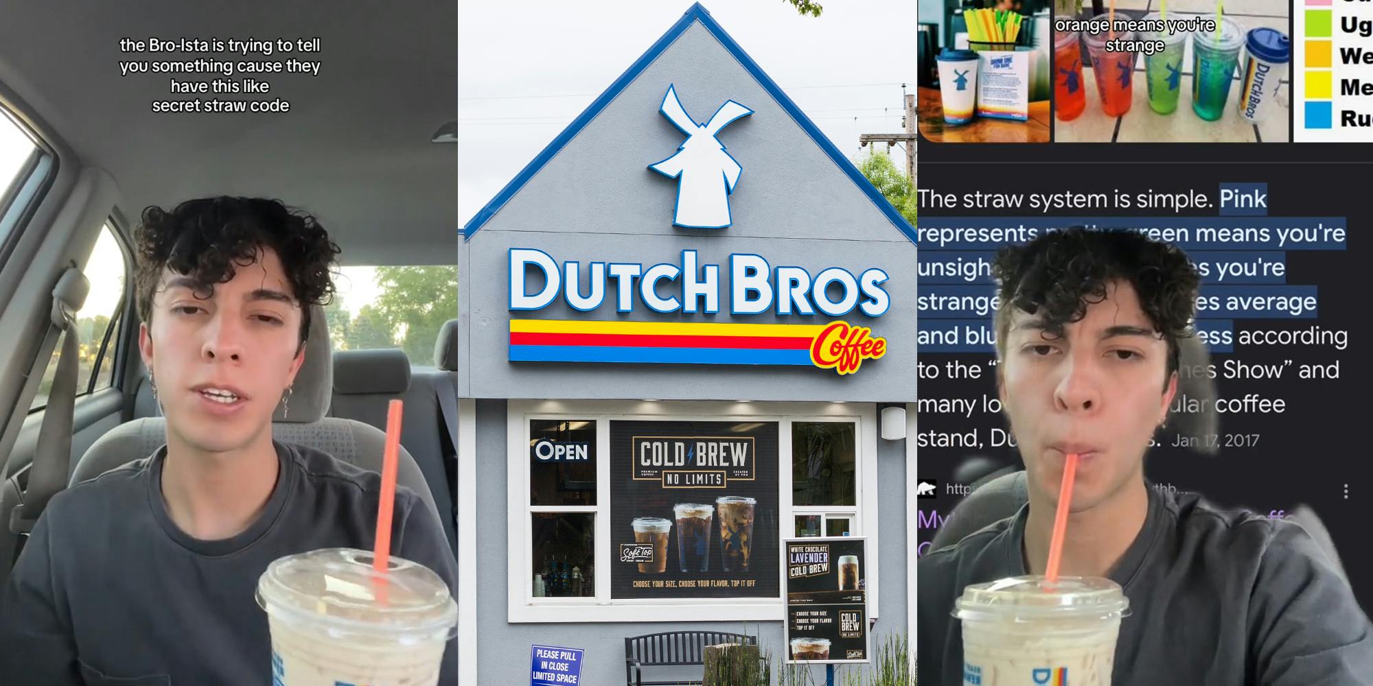 Dutch Bros customer speaking with drink with caption "the Bro-Ista is trying to tell you something cause they have like this secret straw code" (l) Dutch Bros building with sign (c) Dutch Bros customer greenscreen TikTok speaking over straw codes with drink with caption "orange means you're strange" (r)