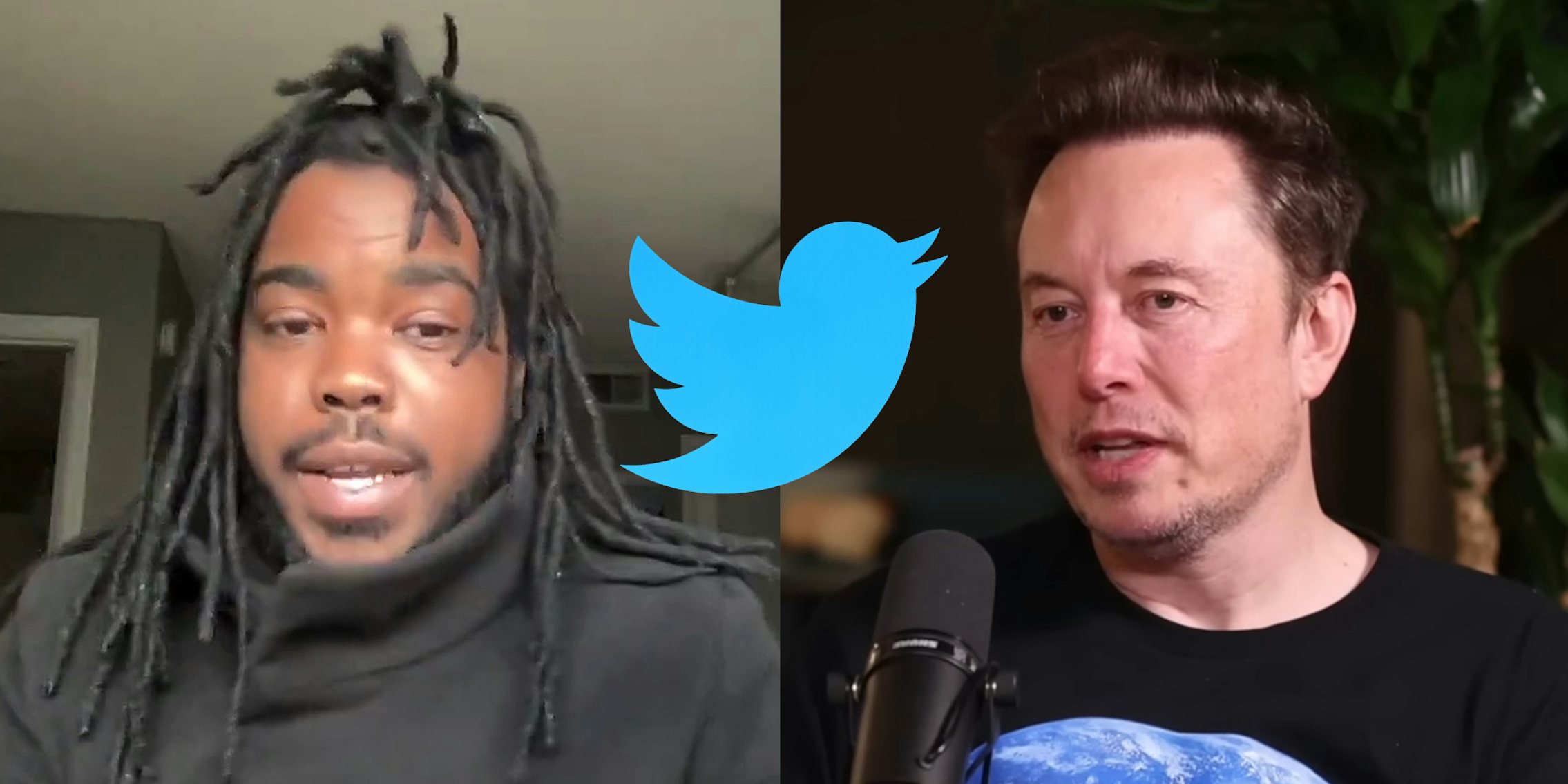 Dom Lucre speaking (l) Twitter bird centered on 2 panel split (c) Elon Musk speaking (r)