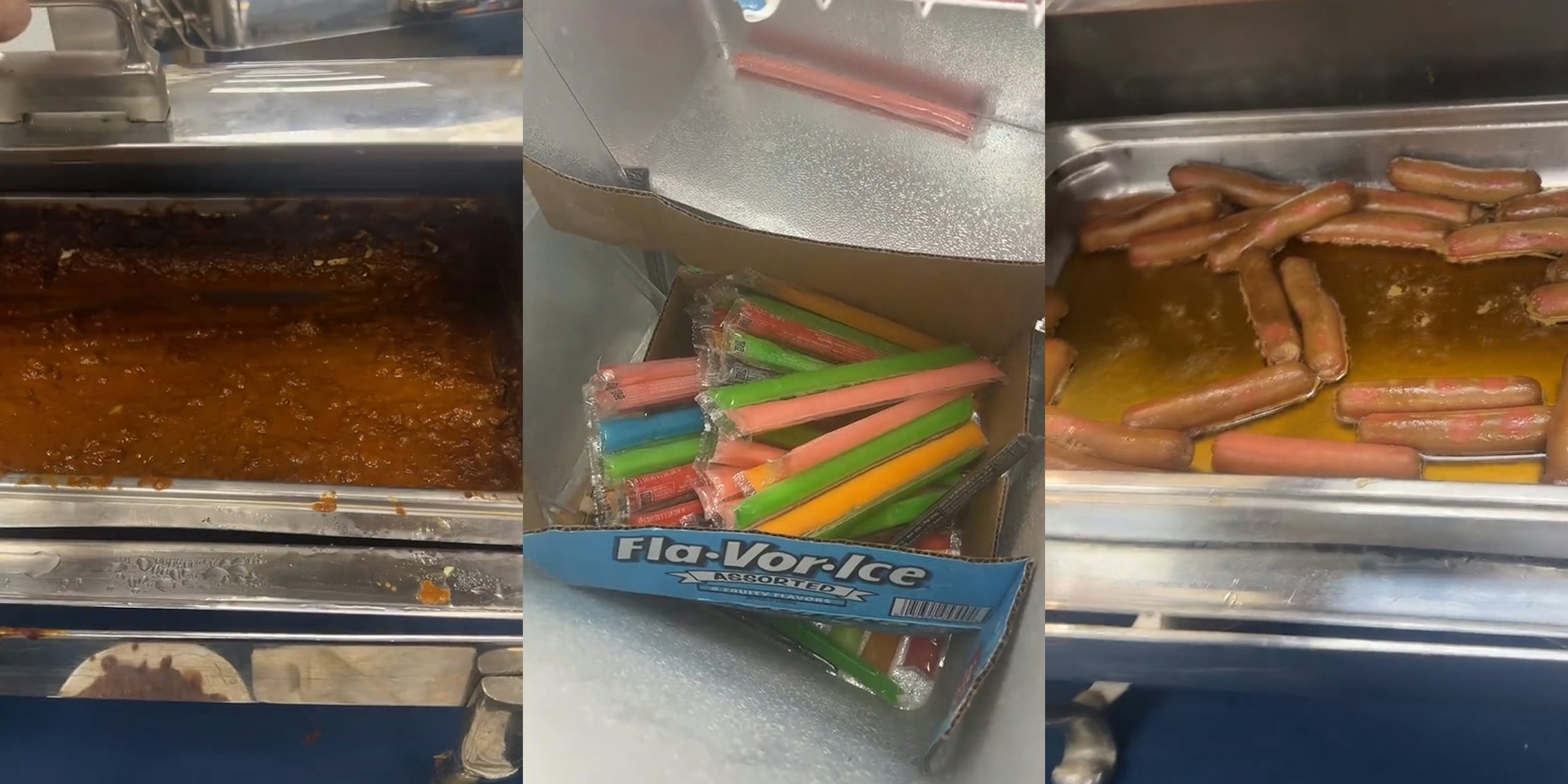 chili in metal container (l) ice pops in freezer (c) hot dogs in metal container (r)