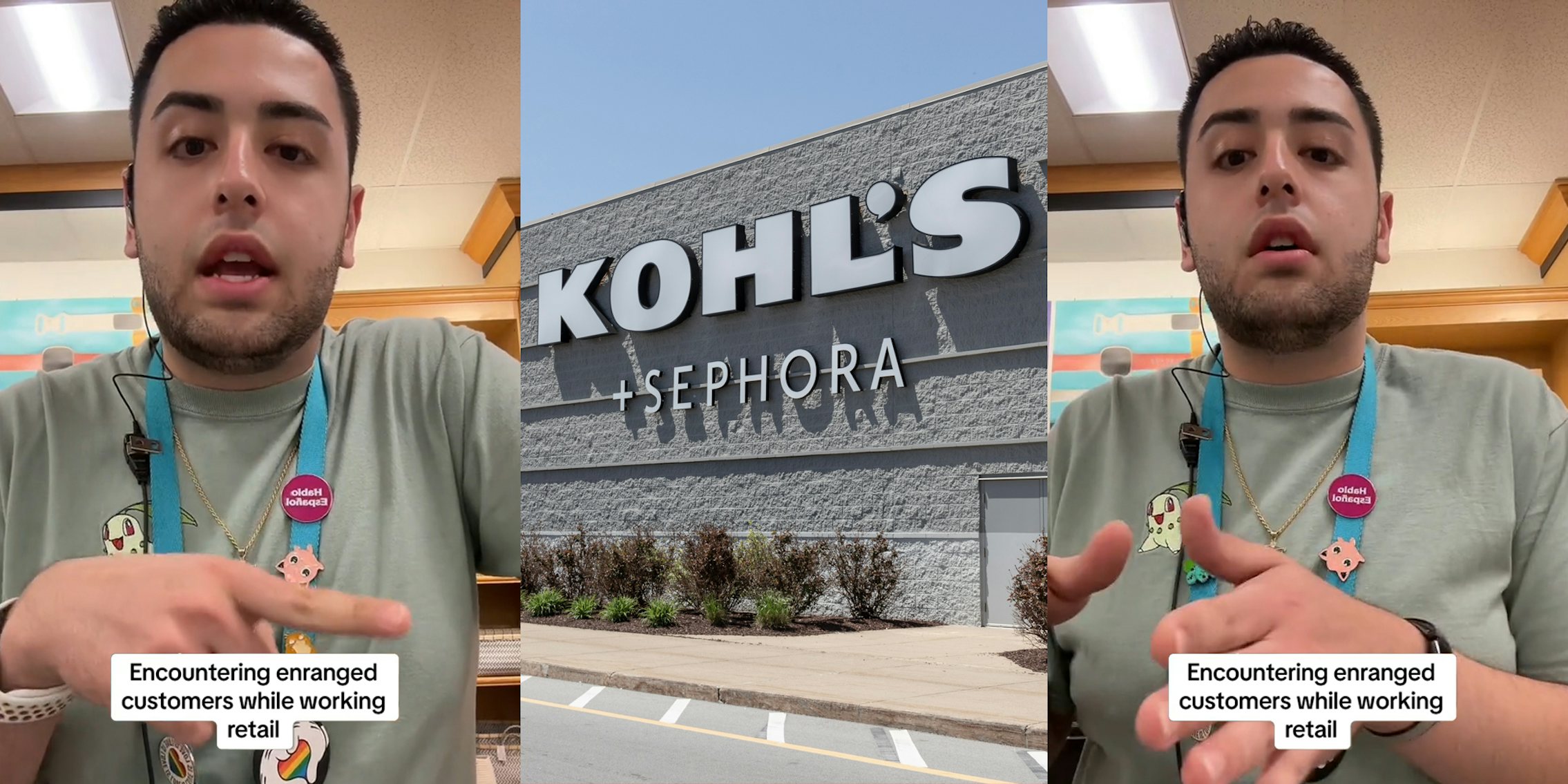 Kohl's worker speaking with caption 'Encountering enraged customers while working retail' (l) Kohl's building with sign (c) Kohl's worker speaking with caption 'Encountering enraged customers while working retail' (r)