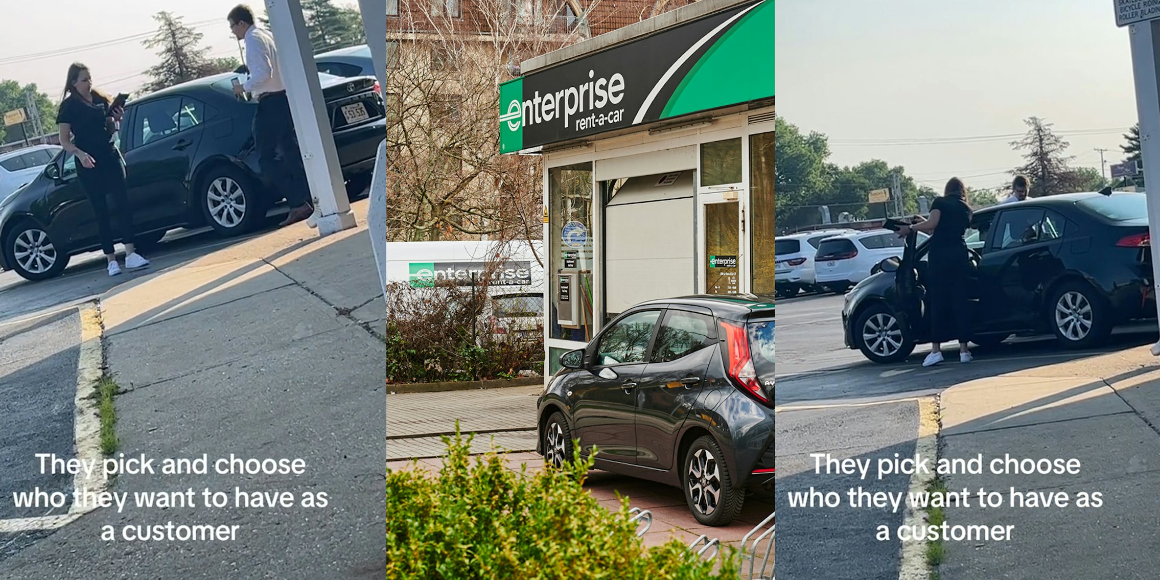 Enterprise employee showing customer car with caption 'They pick and choose who they want to have as a customer' (l) Enterprise building with sign and car (c) Enterprise employee showing customer car with caption 'They pick and choose who they want to have as a customer' (r)
