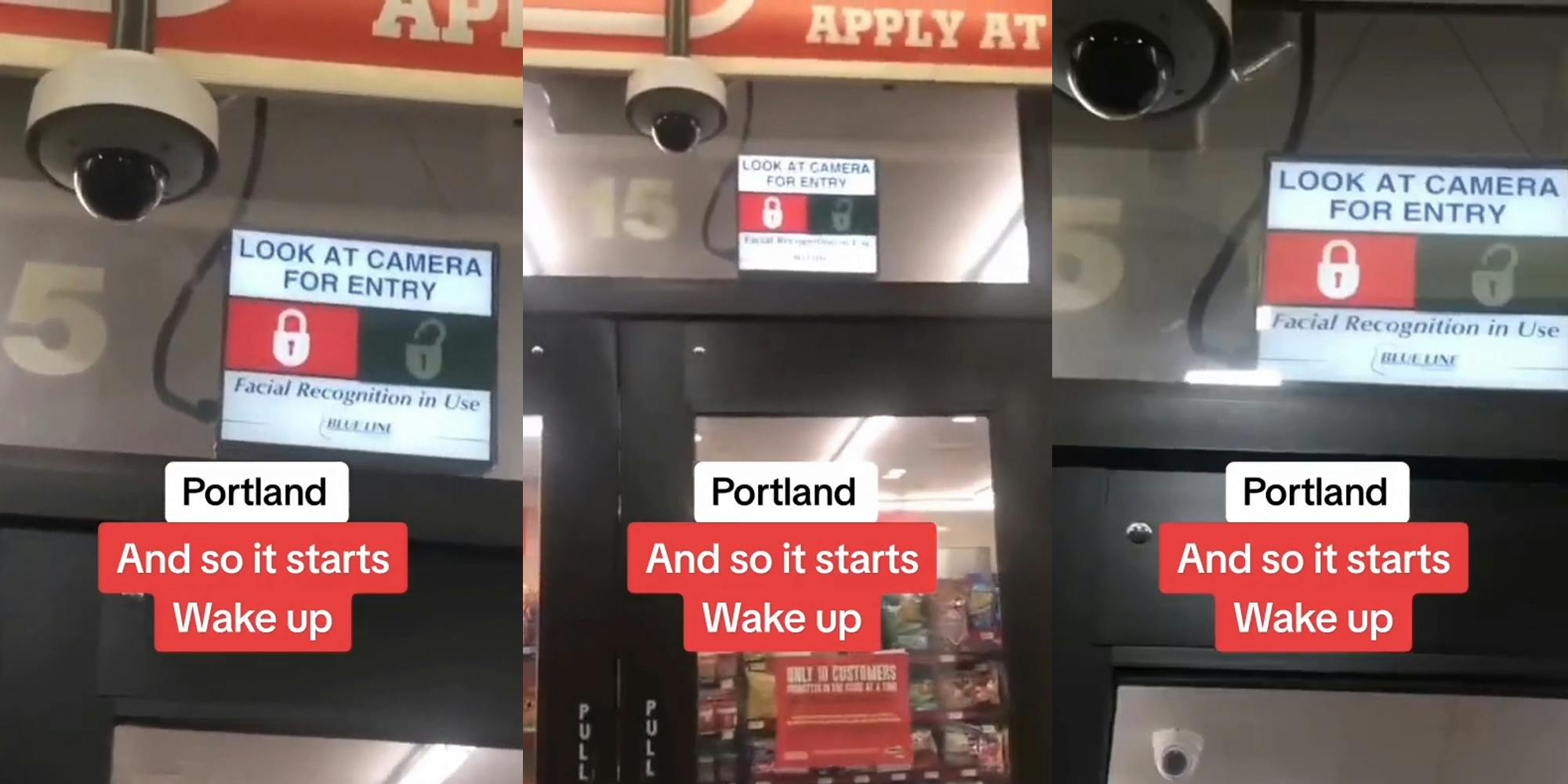 security camera with screen outside of store entrance with caption "Portland And so it starts Wake up" (l) security camera with screen outside of store entrance with caption "Portland And so it starts Wake up" (c) security camera with screen outside of store entrance with caption "Portland And so it starts Wake up" (r)