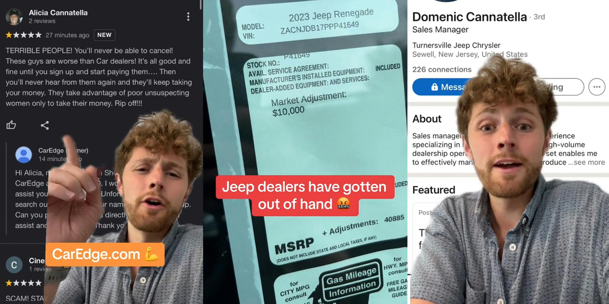 man greenscreen TikTok over image of 1 star review with caption "CarEdge.com" (l) jeep with sticker in window showing market adjustment with caption "Jeep dealers have gotten way out of hand" (l) man greenscreen TikTok over sale's manager Facebook with same last name as woman from review (r)