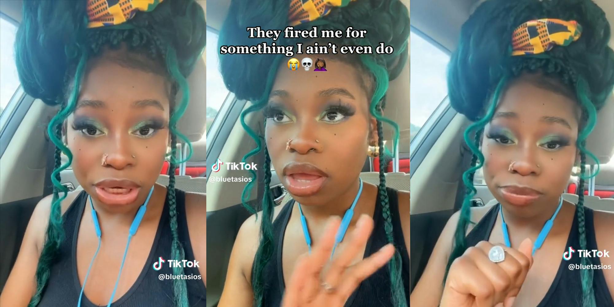 young woman in car with caption "They fired me for something I ain't even do"