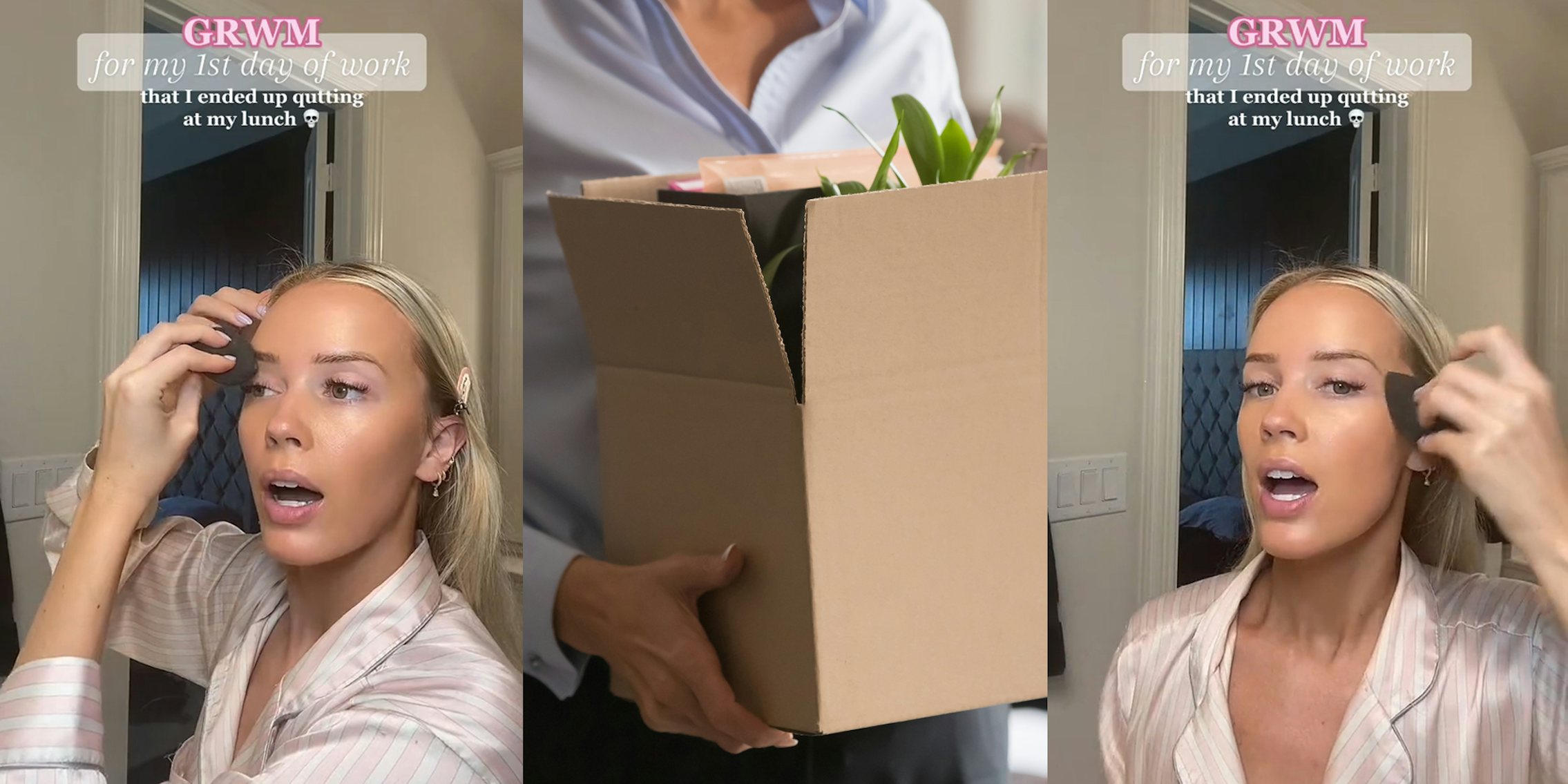 woman applying makeup with caption 'GRWM for my 1st day of work that I ended up quitting at my lunch' (l) woman gathering belongings in cardboard box quitting job concept (c) woman applying makeup with caption 'GRWM for my 1st day of work that I ended up quitting at my lunch' (r)