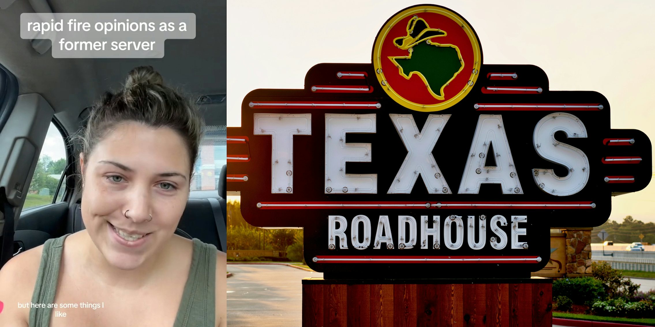 former server gives opinions on the job (l) texas roadhouse sign (r)