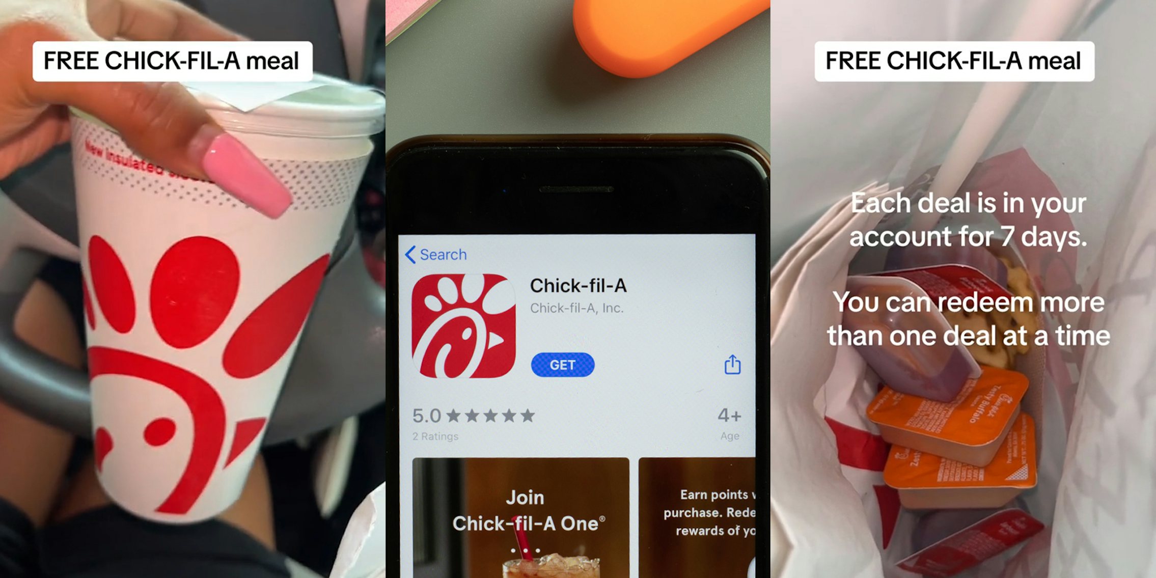 Chick-fil-A customer holding drink in car with caption 'FREE CHICK-FIL-A meal' (l) Chick-fil-A app in Appstore on phone screen in front of green background (c) Chick-fil-A food in bag in car with caption 'FREE CHICK-FIL-A meal' 'Each deal is in your account for 7 days. You can redeem more than one deal at a time' (r)