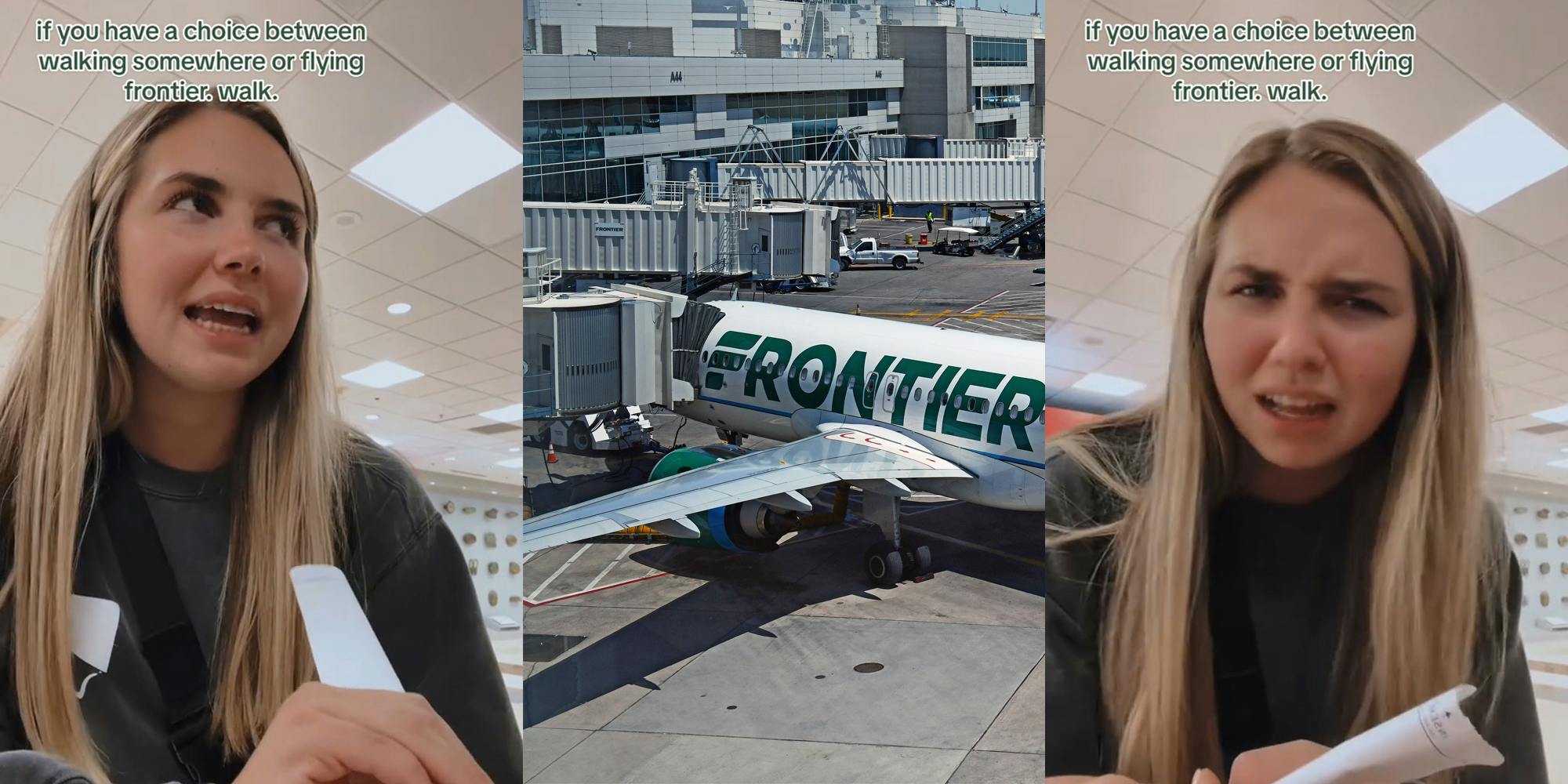 Frontier Airlines passenger speaking with boarding pass with caption "if you have a choice between walking somewhere or flying frontier, walk." (l) Frontier plane in runway (c) Frontier Airlines passenger speaking with boarding pass with caption "if you have a choice between walking somewhere or flying frontier, walk." (r)