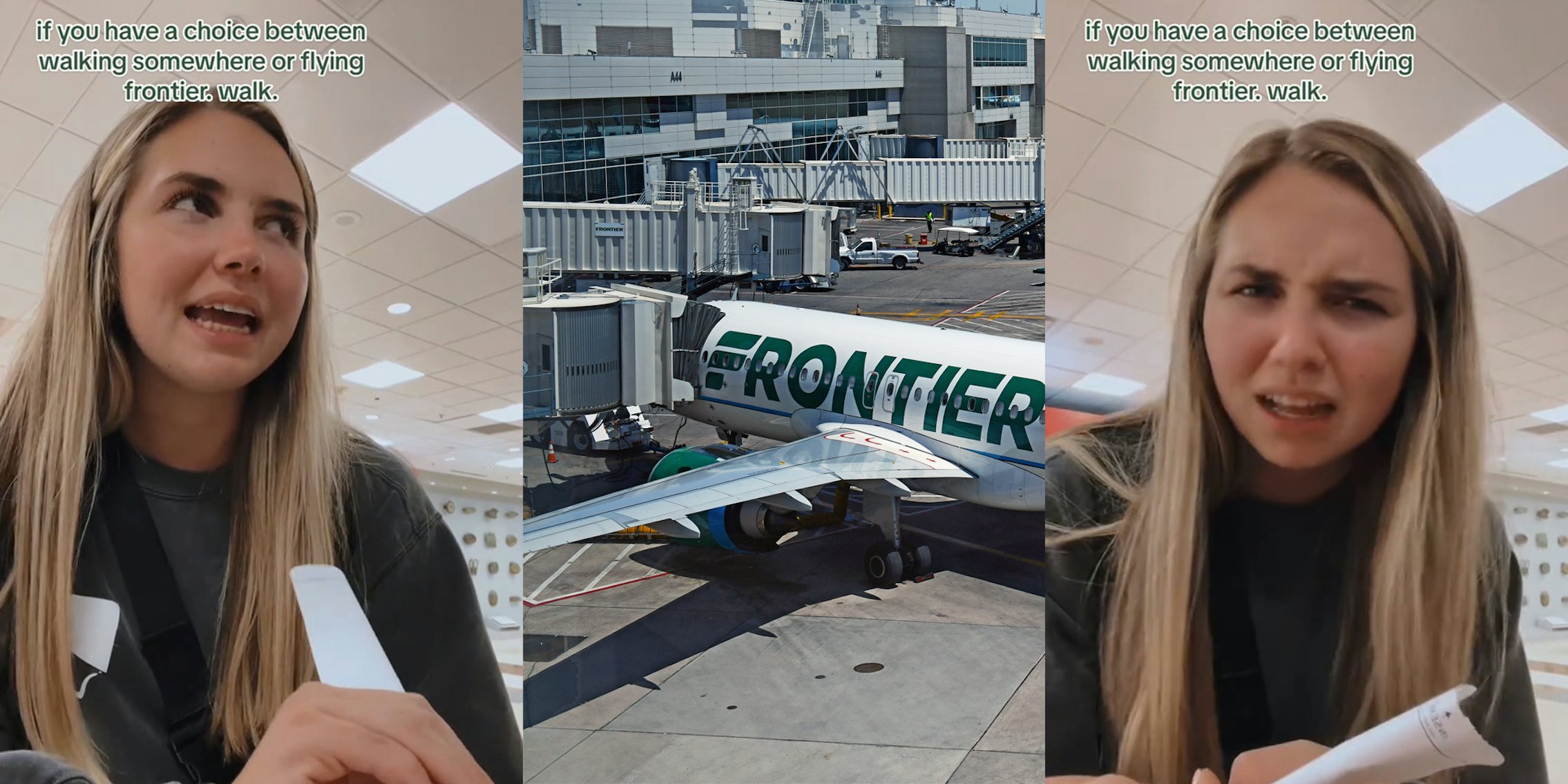 Frontier Airlines passenger speaking with boarding pass with caption 'if you have a choice between walking somewhere or flying frontier, walk.' (l) Frontier plane in runway (c) Frontier Airlines passenger speaking with boarding pass with caption 'if you have a choice between walking somewhere or flying frontier, walk.' (r)