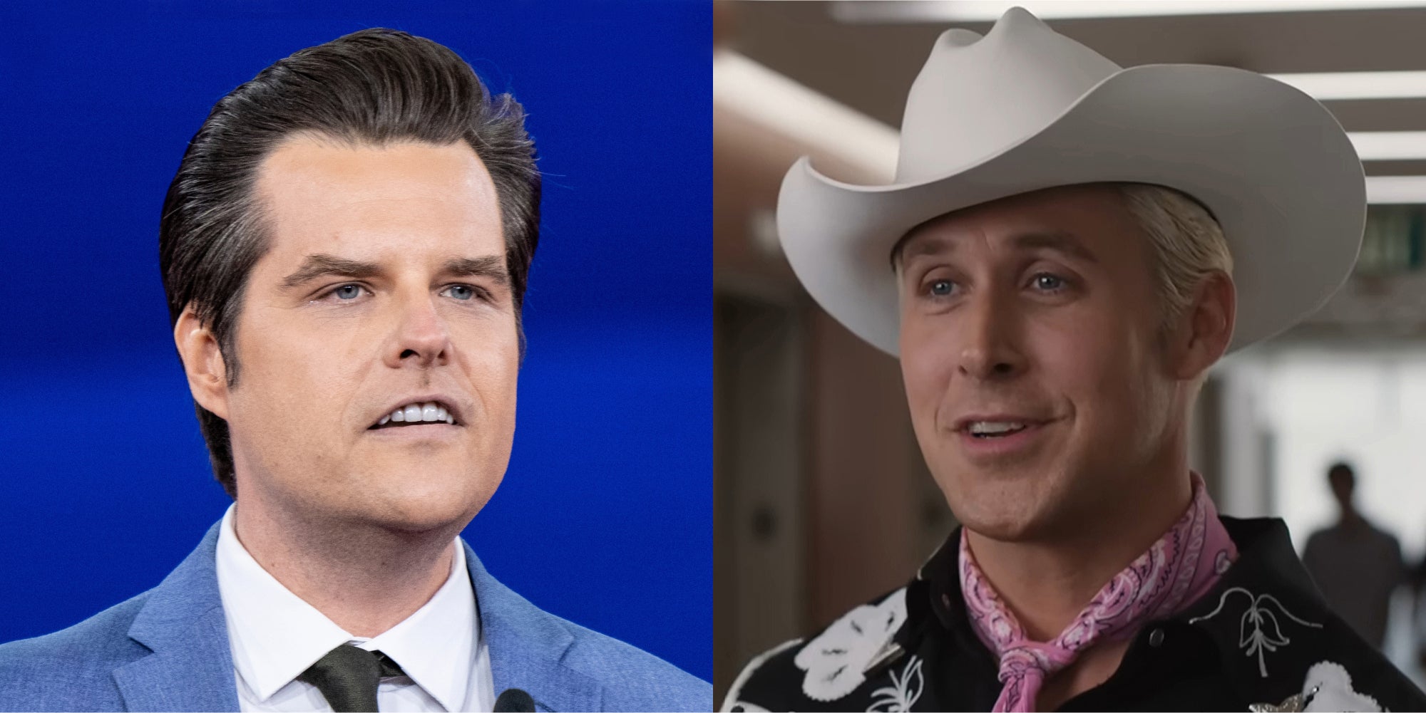 Matt Gaetz speaking in front of blue background (l) Ryan Gosling as Ken in Barbie (r)