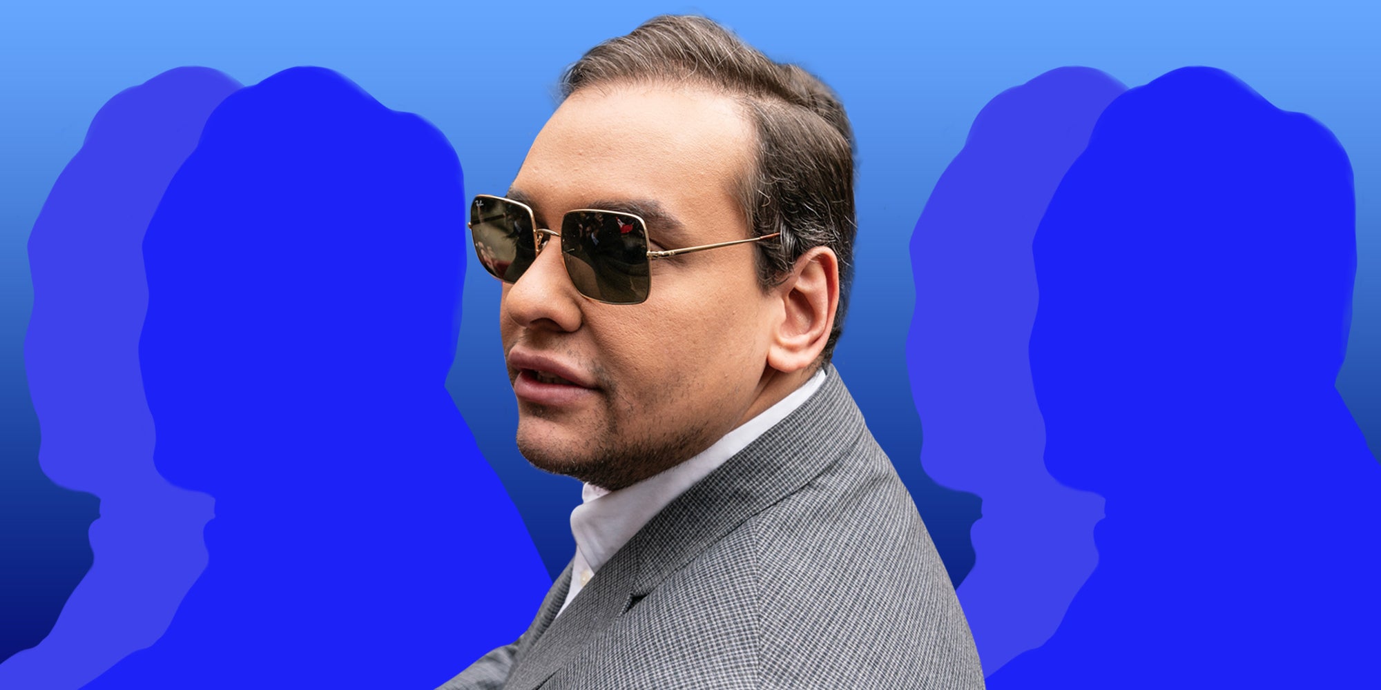 George Santos with 4 blue silhouettes at sides in front of light to dark blue vertical gradient background