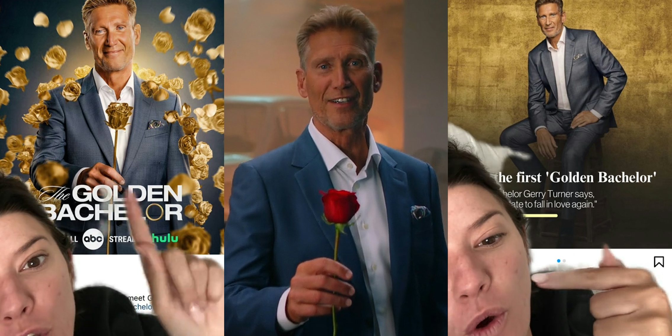 woman greenscreen TikTok over The Golden Bachelor Instagram post (l) The Golden Bachelor Gerry Turner standing with rose (c) woman greenscreen TikTok over The Golden Bachelor Instagram post (r)