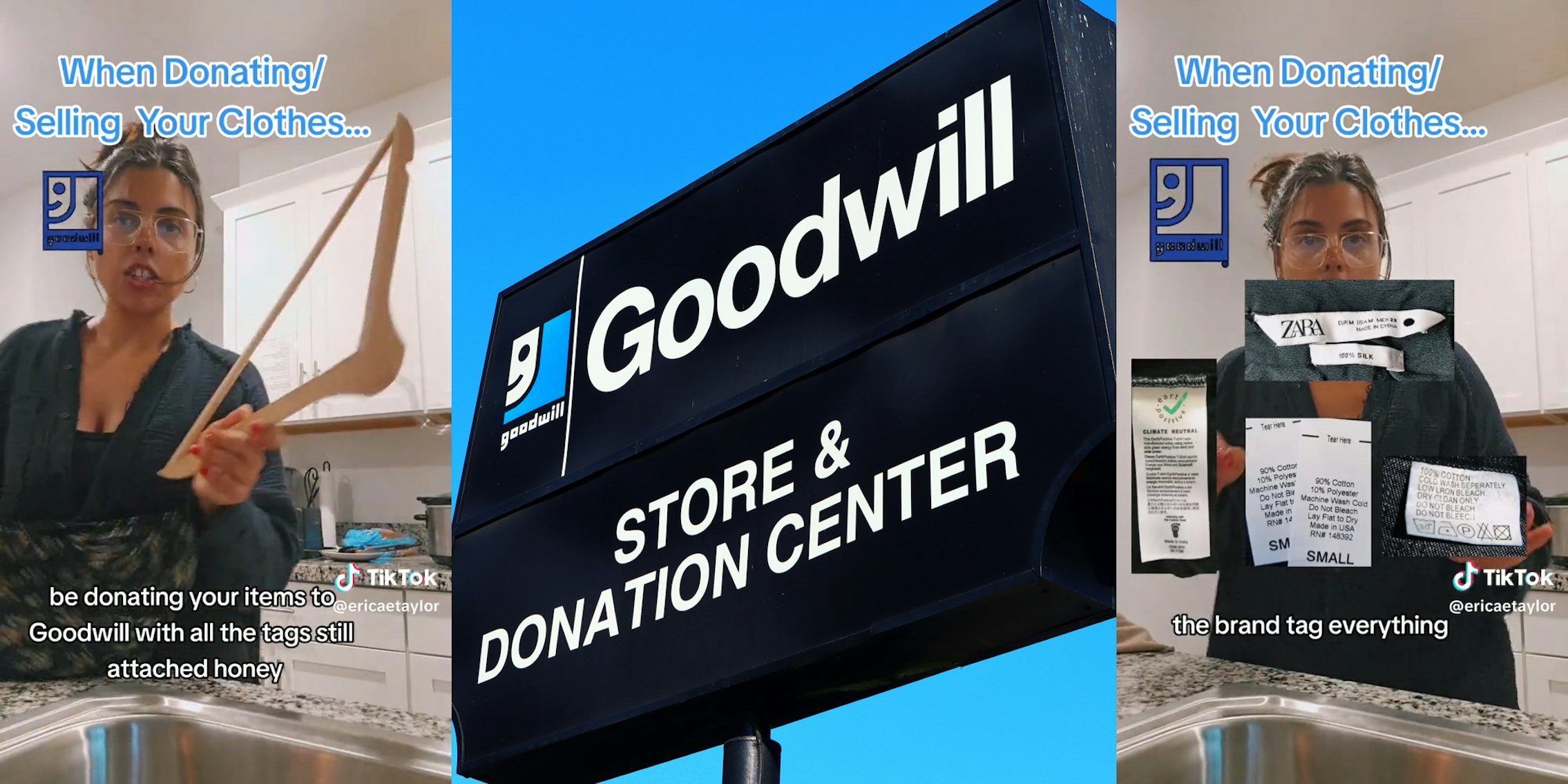 woman talking about removing tags from goodwill donations