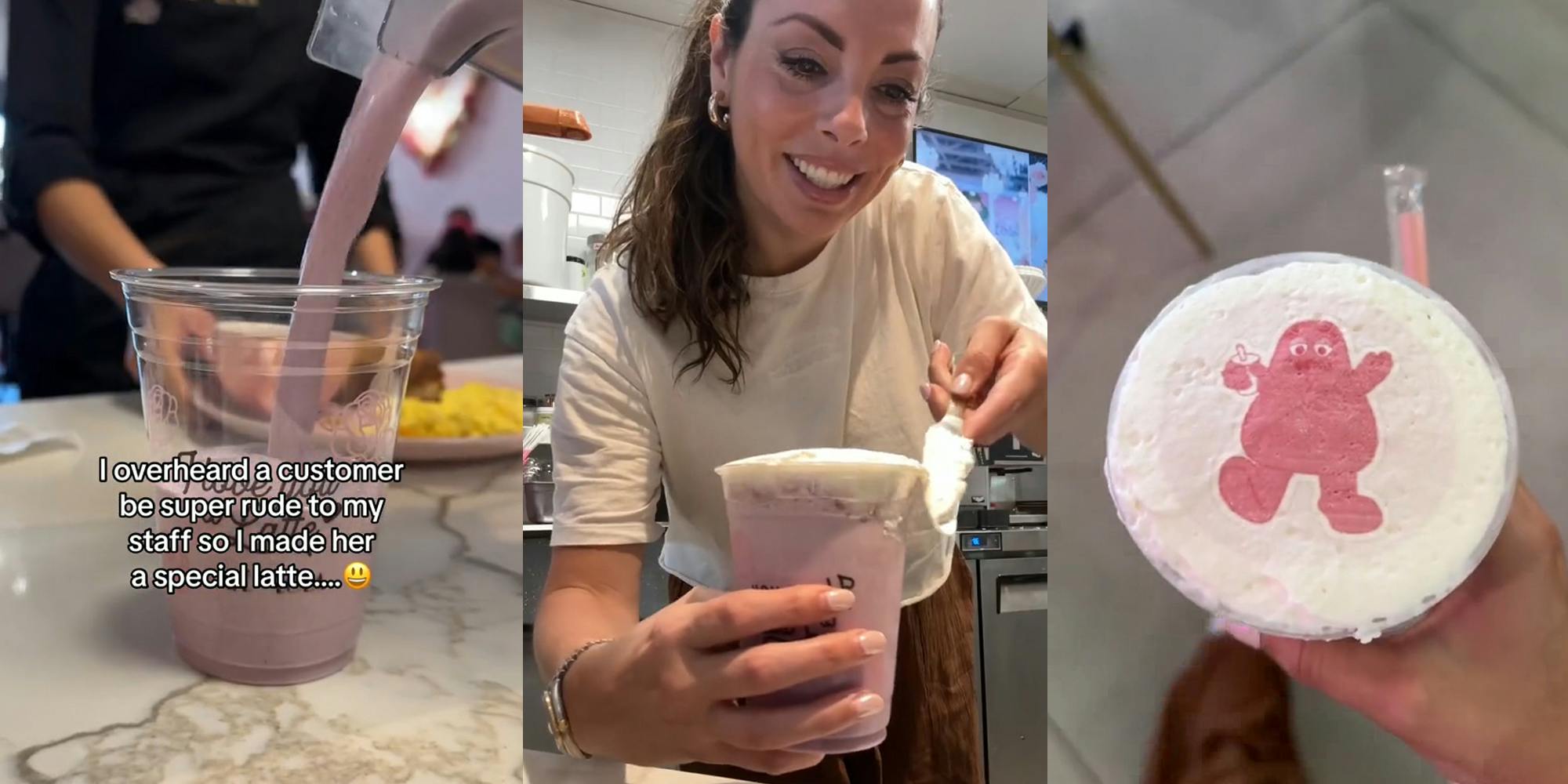 barista pouring purple drink into cup with caption "I overheard a customer be super rude to my staff so I made her a special latte..." (l) Barista scraping extra whipped cream off of cup (c) barista holding Grimace latte (r)