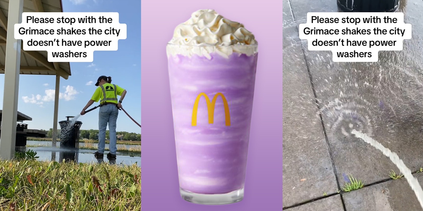 woman with hose with caption 'Please stop with the Grimace shakes the city doesn't have power washers' (l) Grimace shake in front of purple background (c) woman with hose with caption 'Please stop with the Grimace shakes the city doesn't have power washers' (r)