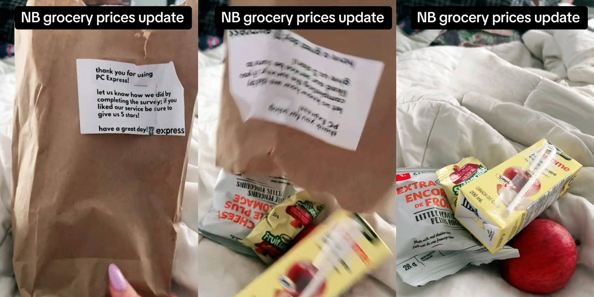 packed lunch in bag with caption 'NB grocery prices update' (l) packed lunch items falling out of bag with caption 'NB grocery prices update' (c) lunch items on bed with caption 'NB grocery prices update' (r)