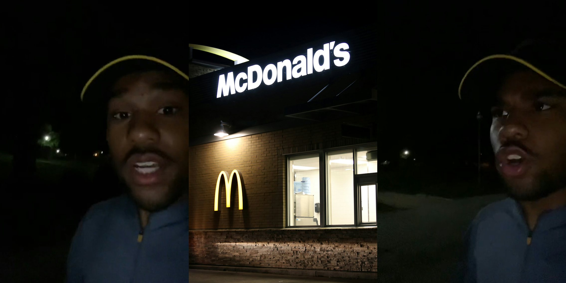 McDonald's worker walking outside in the dark speaking (l) McDonald's drive thru with signs with dark sky (c) McDonald's worker walking outside in the dark speaking (r)