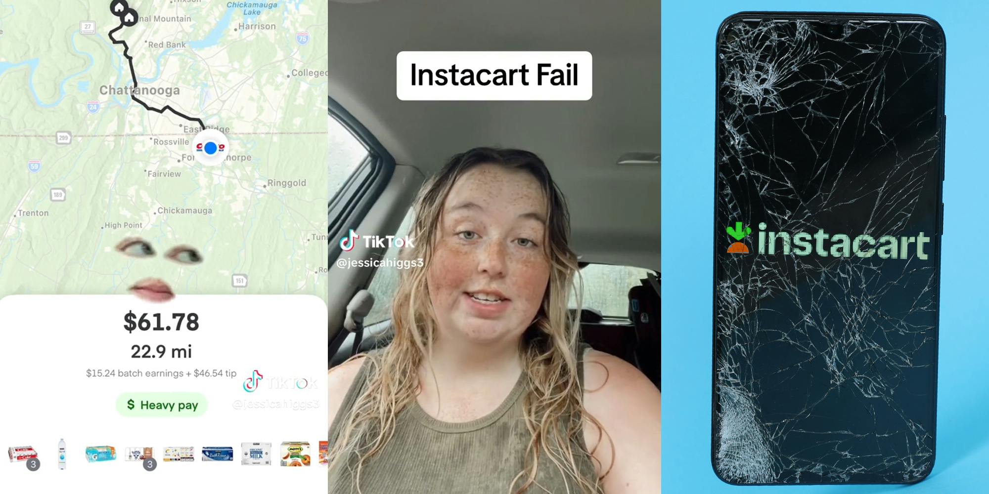 map (l) young woman in car with caption "instacart fail" (c) instacart logo on broken phone screen (r)