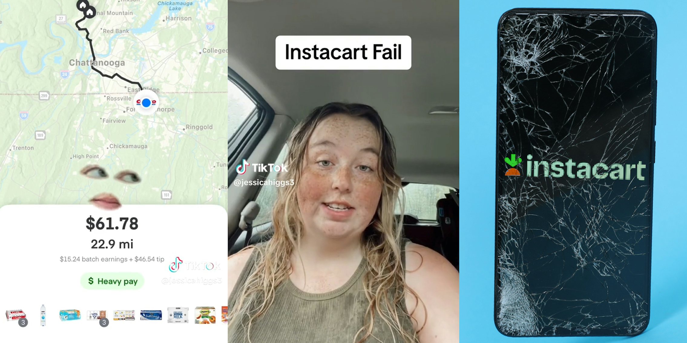 map (l) young woman in car with caption 'instacart fail' (c) instacart logo on broken phone screen (r)