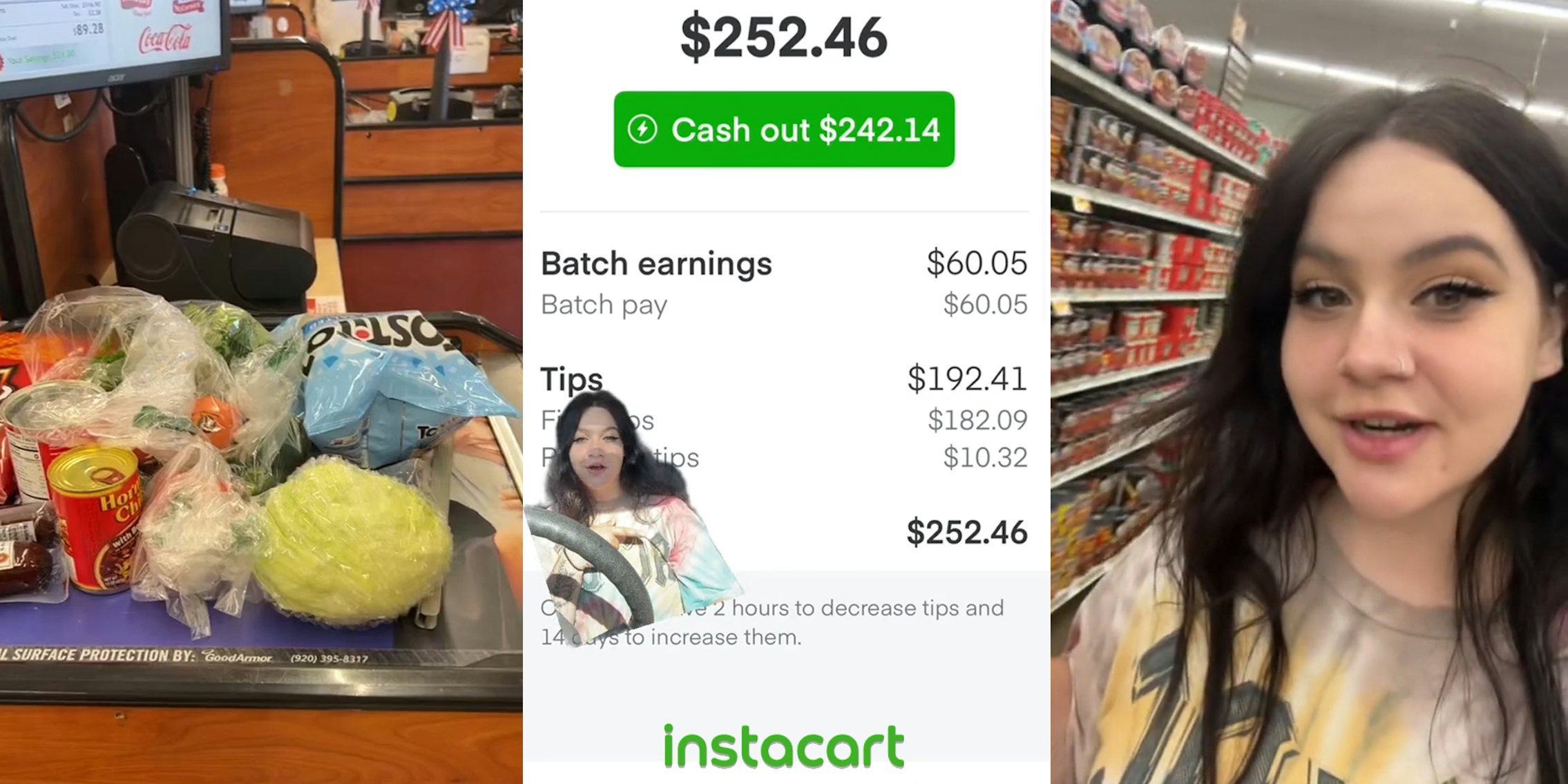 Instacart order on store checkout belt (l) Instacart shopper greenscreen TikTok over image of Instacart batch earnings $252.46 with Instacart logo at bottom (c) Instacart shopper speaking in store (r)