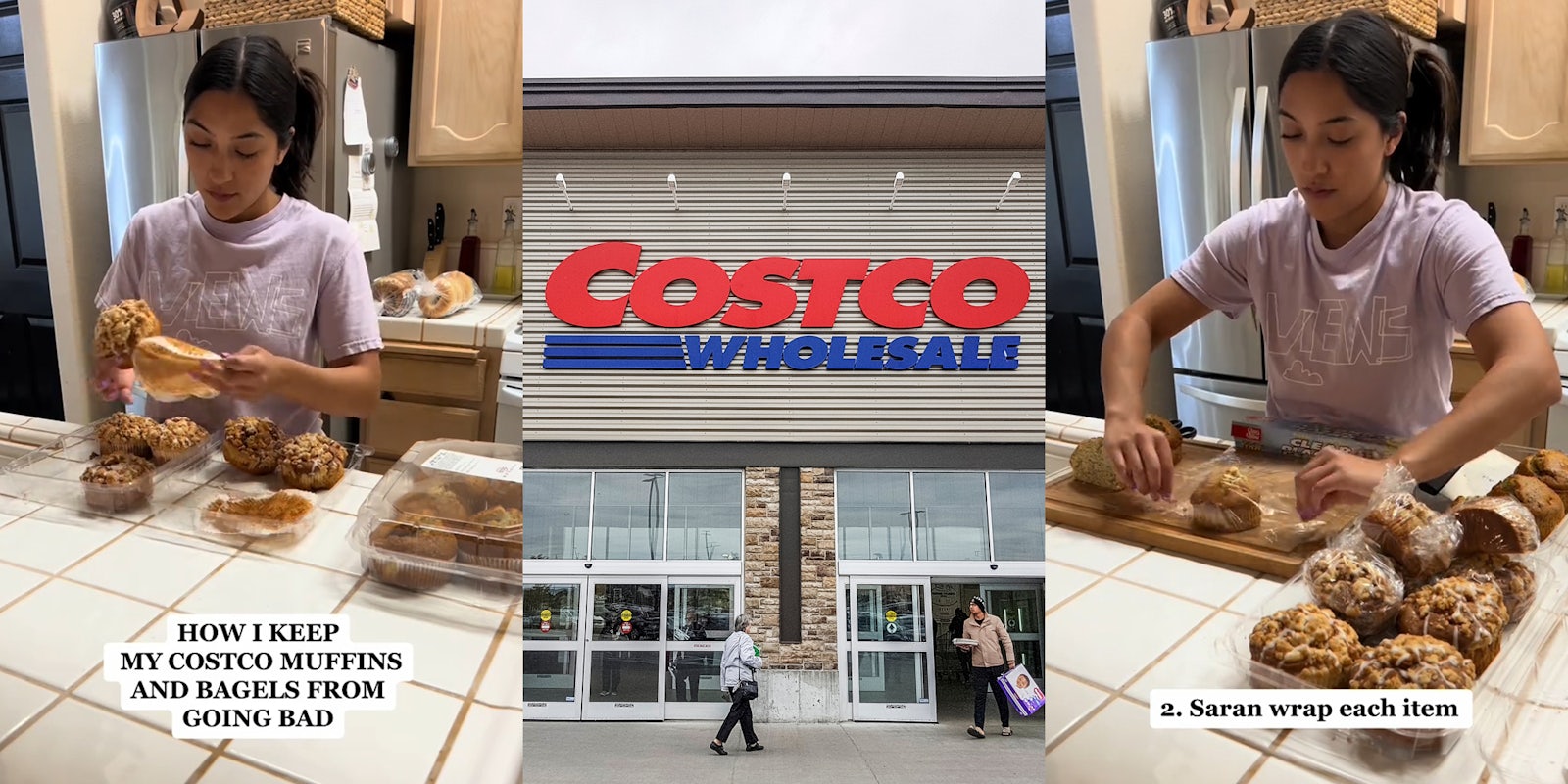 Costco customer with muffins on counter with caption 'HOW I KEEP MY COSTCO MUFFINS AND BAGELS FROM GOING BAD' (l) Costco building with sign (c) Costco customer with muffins on counter with caption '2. Saran wrap each item' (r)