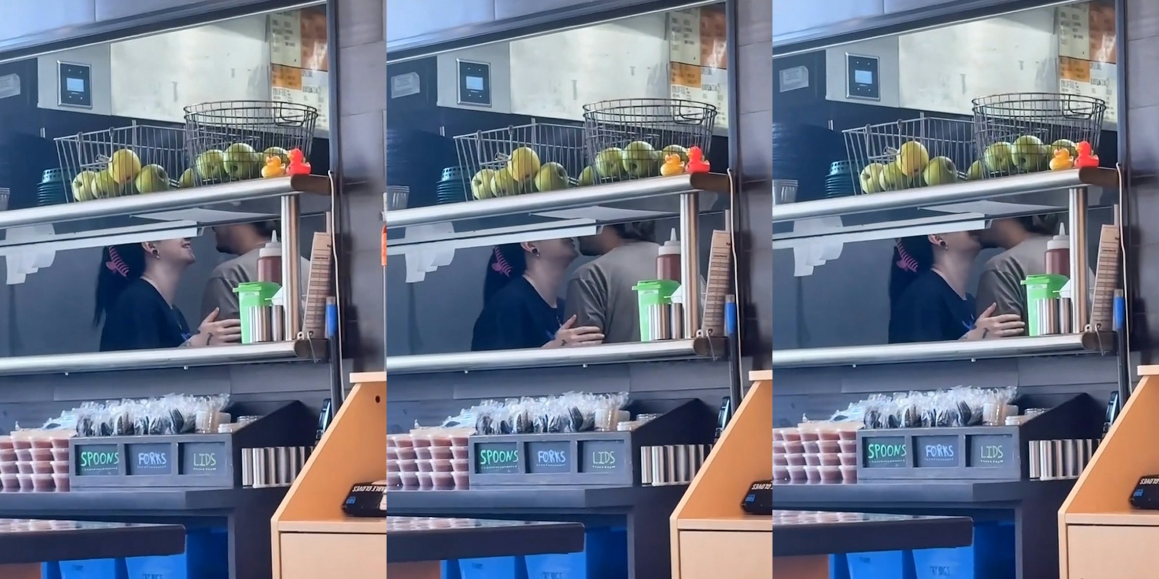 restaurant workers kissing in kitchen (l) restaurant workers kissing in kitchen (c) restaurant workers kissing in kitchen (r)