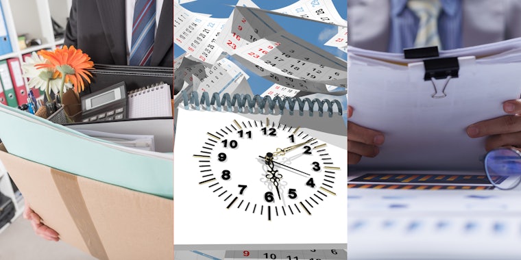 business man holding cardboard box with office items (l) calendar pages scattered in sky behind clock on notepad time passing concept (c) business man holding organized papers (r)