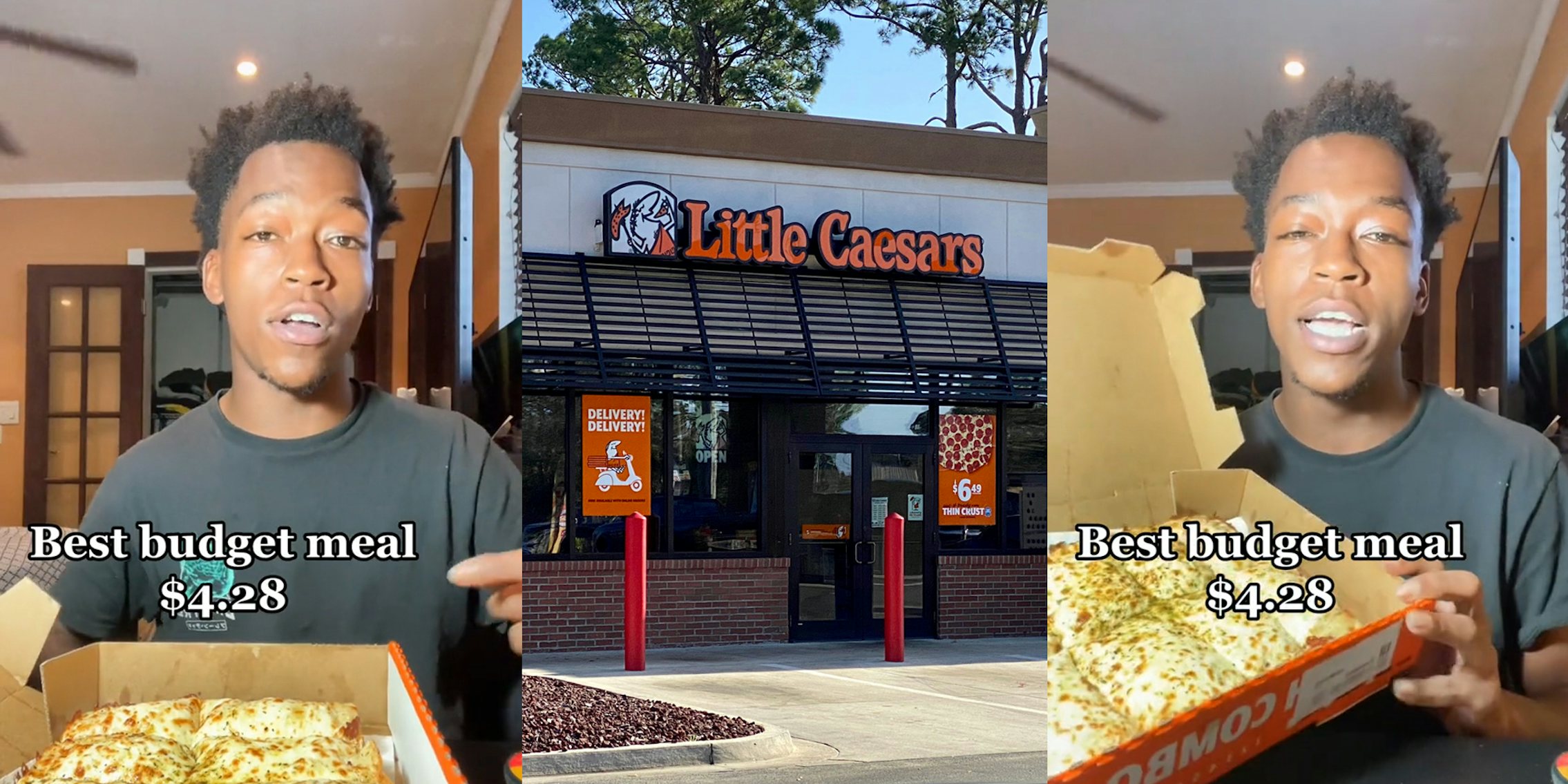 Little Caesar's customer speaking with cheese bread in box with caption 'Best budget meal $4.28' (l) Little Caesar's building with sign (c) Little Caesar's customer speaking with cheese bread in box with caption 'Best budget meal $4.28' (r)
