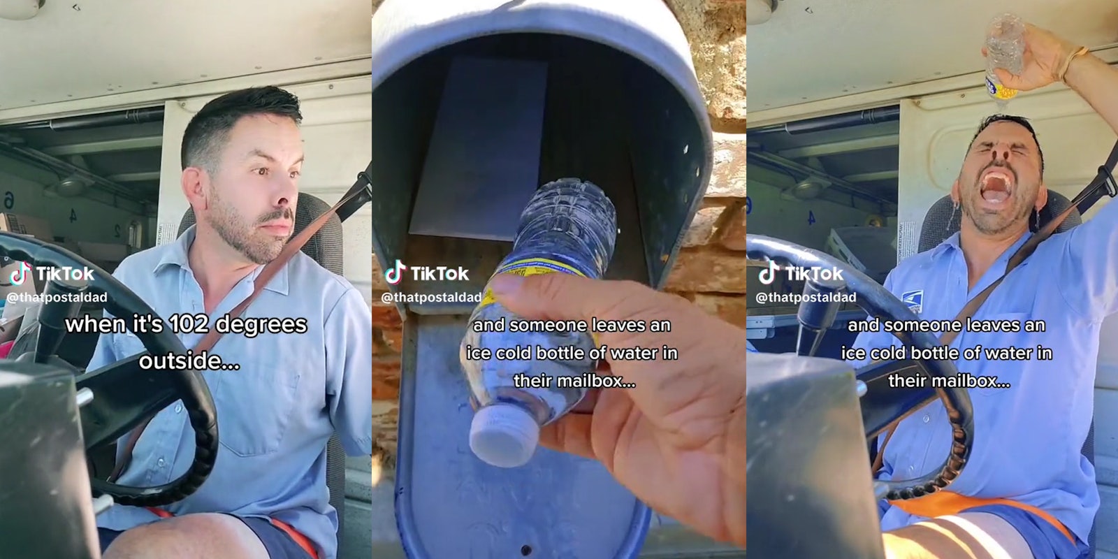 mailmain opening mailbox to find water bottle and pouring over his head
