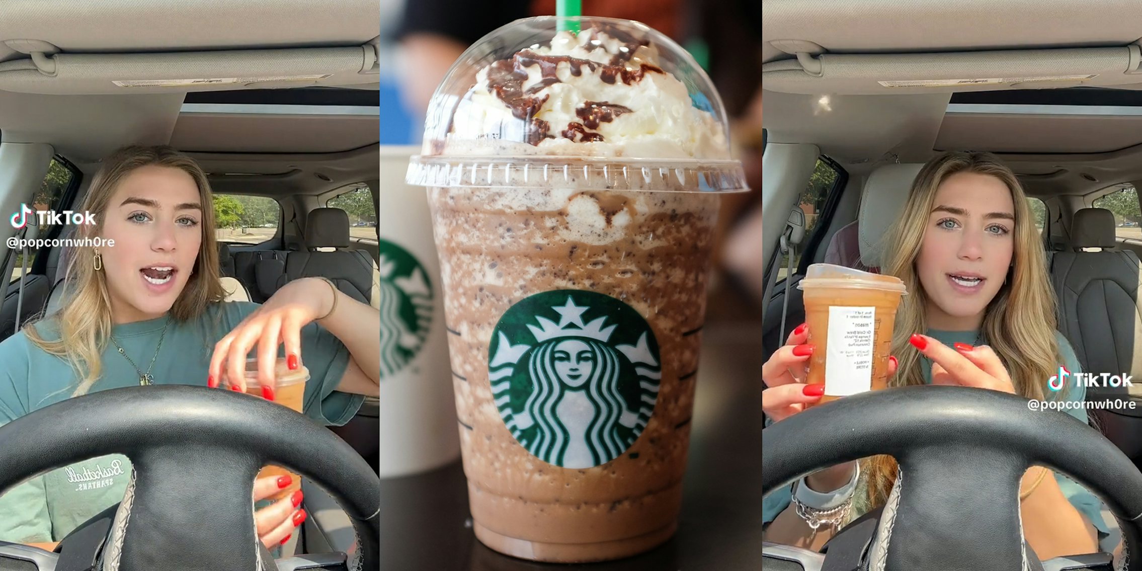 young woman in car holding coffee (l&r) starbucks cup (c)