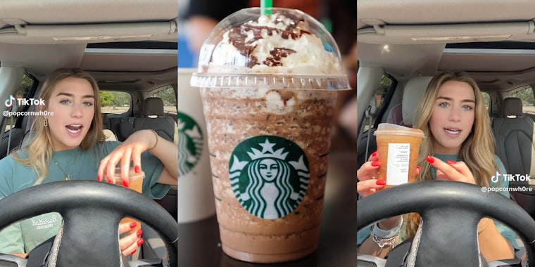 young woman in car holding coffee (l&r) starbucks cup (c)