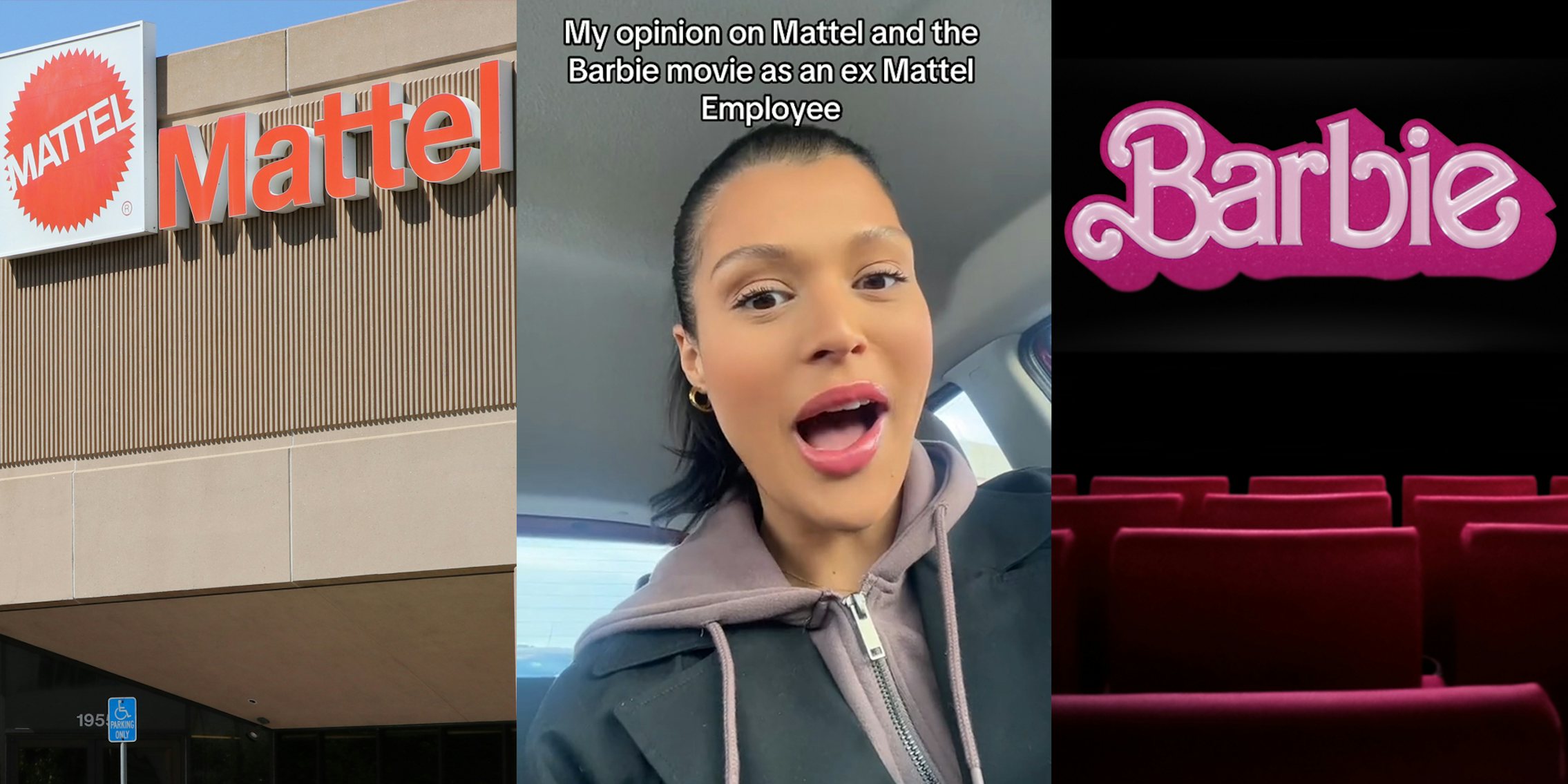 Mattel logo on building (l) former Mattel employee speaking in car with caption 'My opinion on Mattel and the Barbie movie as an ex Mattel Employee' (c) Barbie movie on theatre screen with movie theatre seats (r)