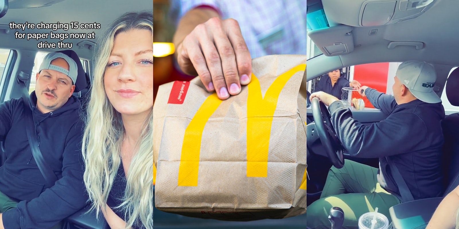 McDonald's customers in car with caption 'they're charging 15 cents for paper bags now at drive thru' (l) McDonald's worker holding branded paper bag (c) McDonald's customer receiving fillet-o-fish in fishing net at drive thru (r)