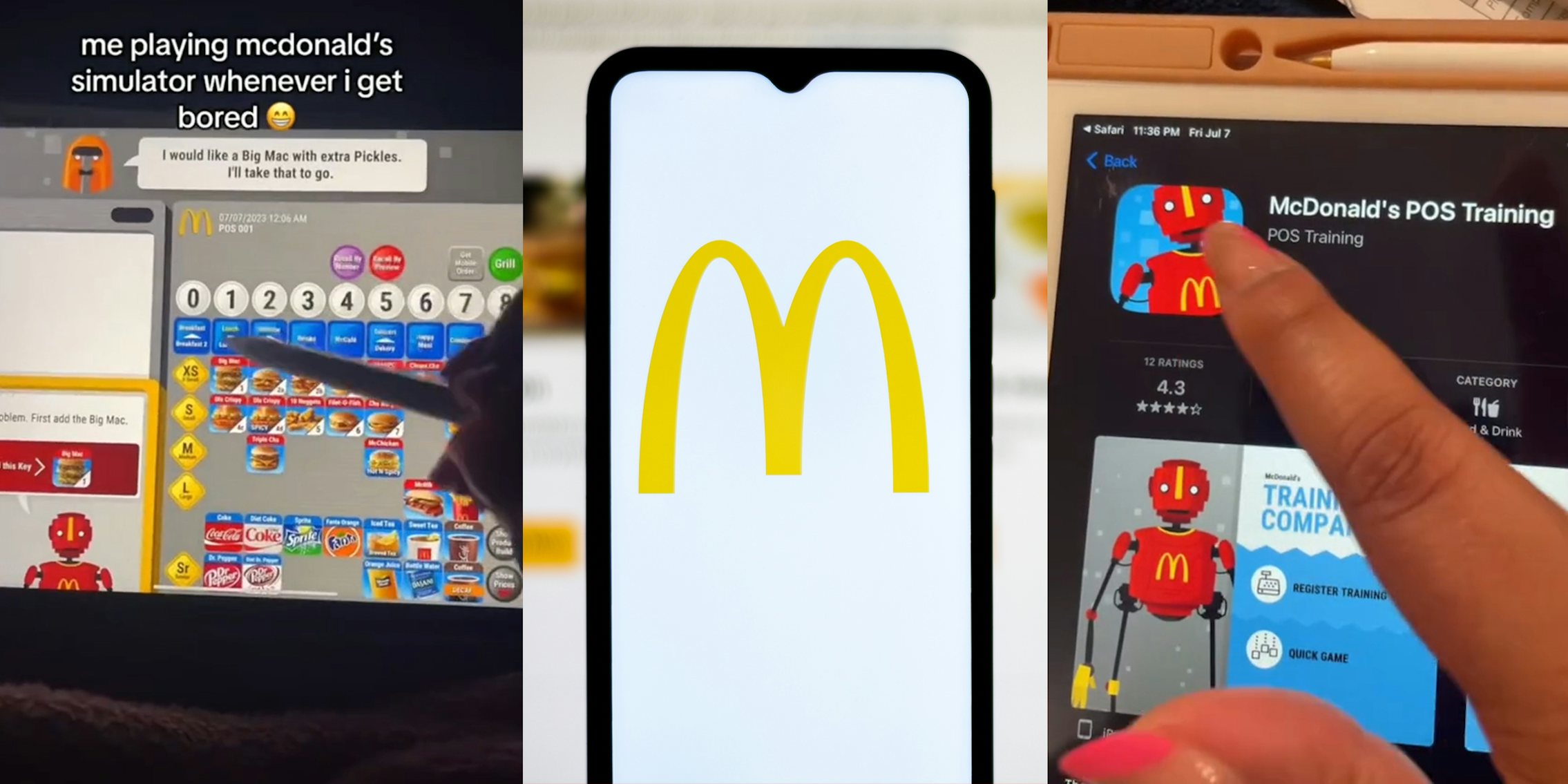 McDonald's pos training app on tablet with caption 'me playing mcdonald's simulator whenever i get bored' (l) McDonald's logo on phone screen (c) McDonald's training app in app store on tablet (r)