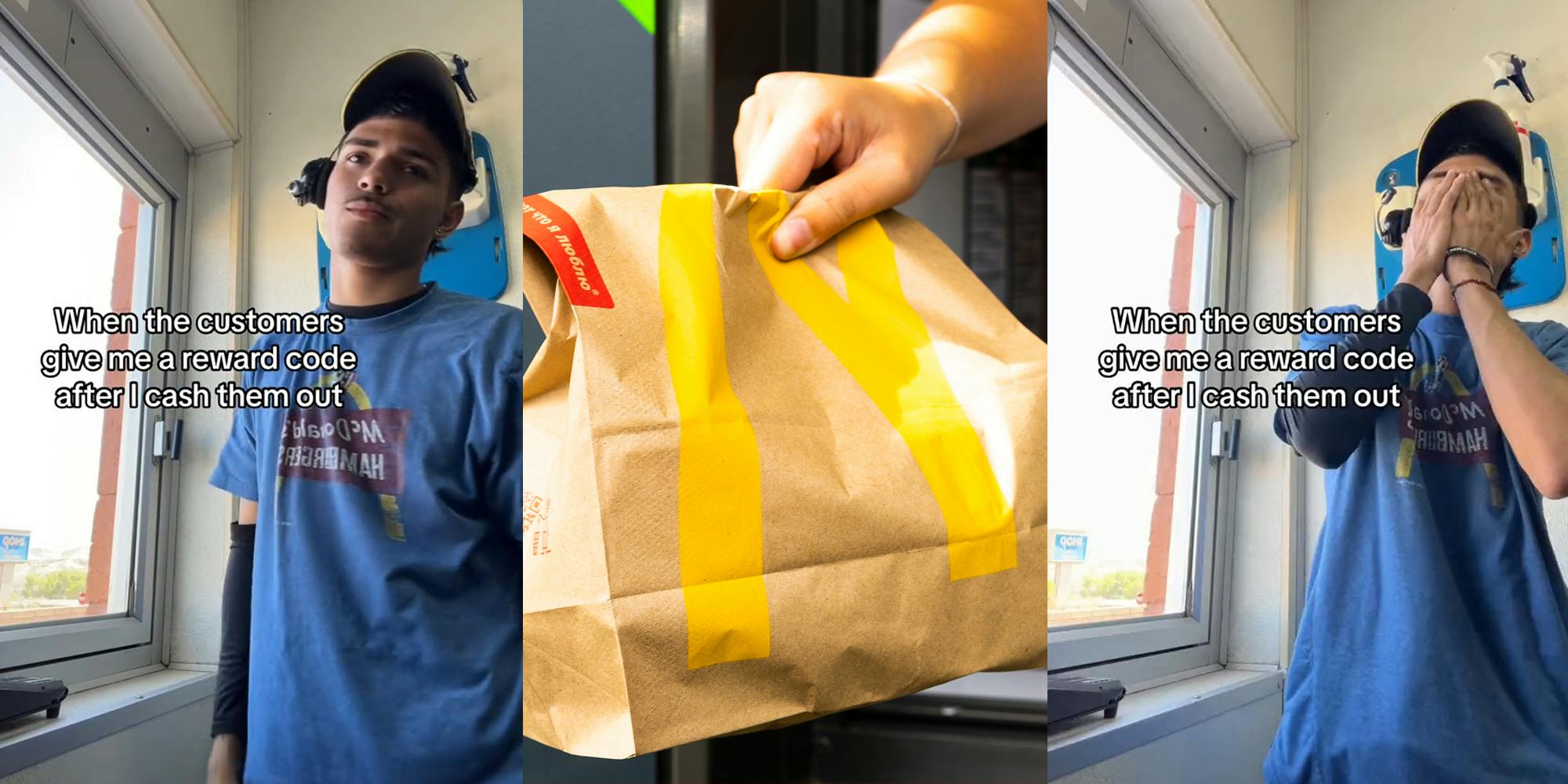 McDonald's worker with caption "When the customers give me a reward code after I cash them out" (l) McDonald's drive thru worker holding bag of food (c) McDonald's worker with caption "When the customers give me a reward code after I cash them out" (r)