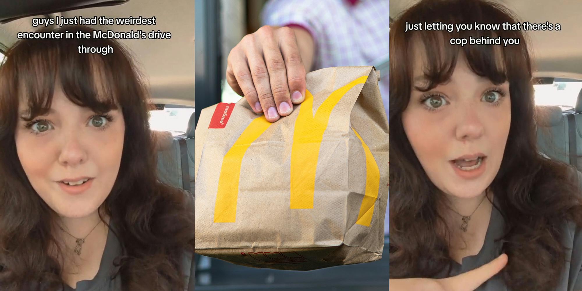 young woman in car (l&r) handing mcdonald's bag out of drive thru window (c)