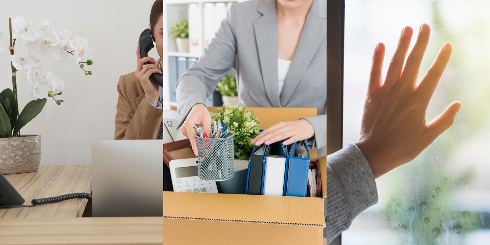 receptionist on phone in office (l) office woman moving items into box (c) woman hand on window (r)